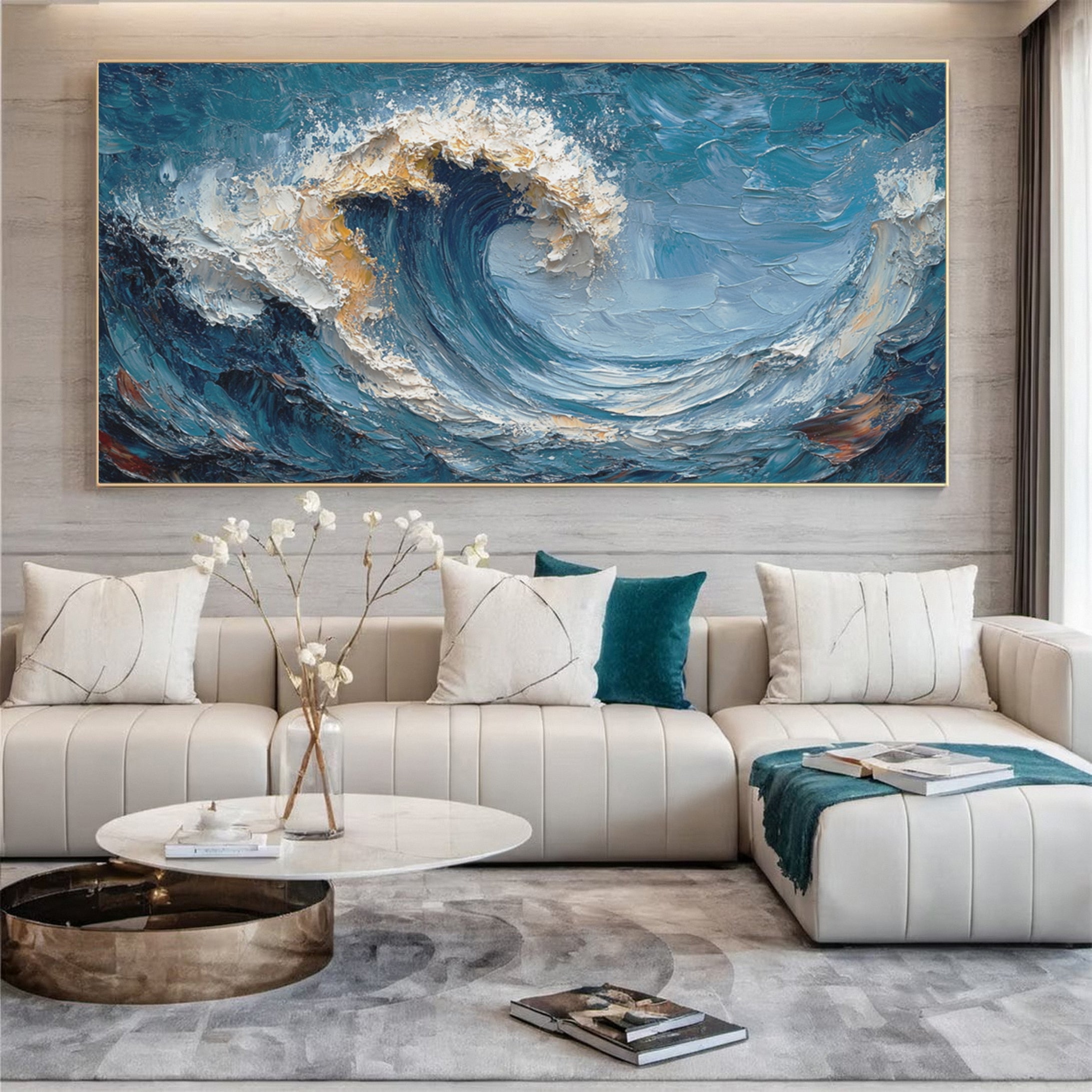 Large Abstract Ocean Wave Canvas Dynamic Coastal Wall Art #OP028