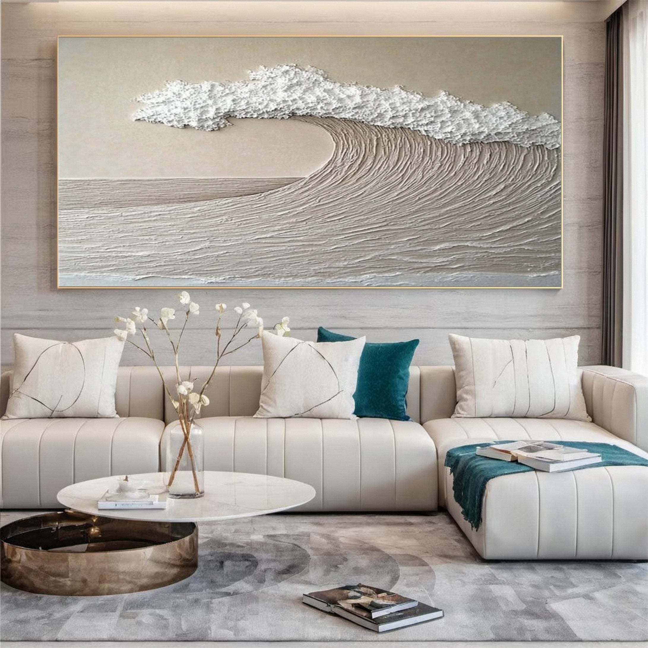 Minimalist Wave Wall Art Textured Neutral Coastal Canvas #OP044