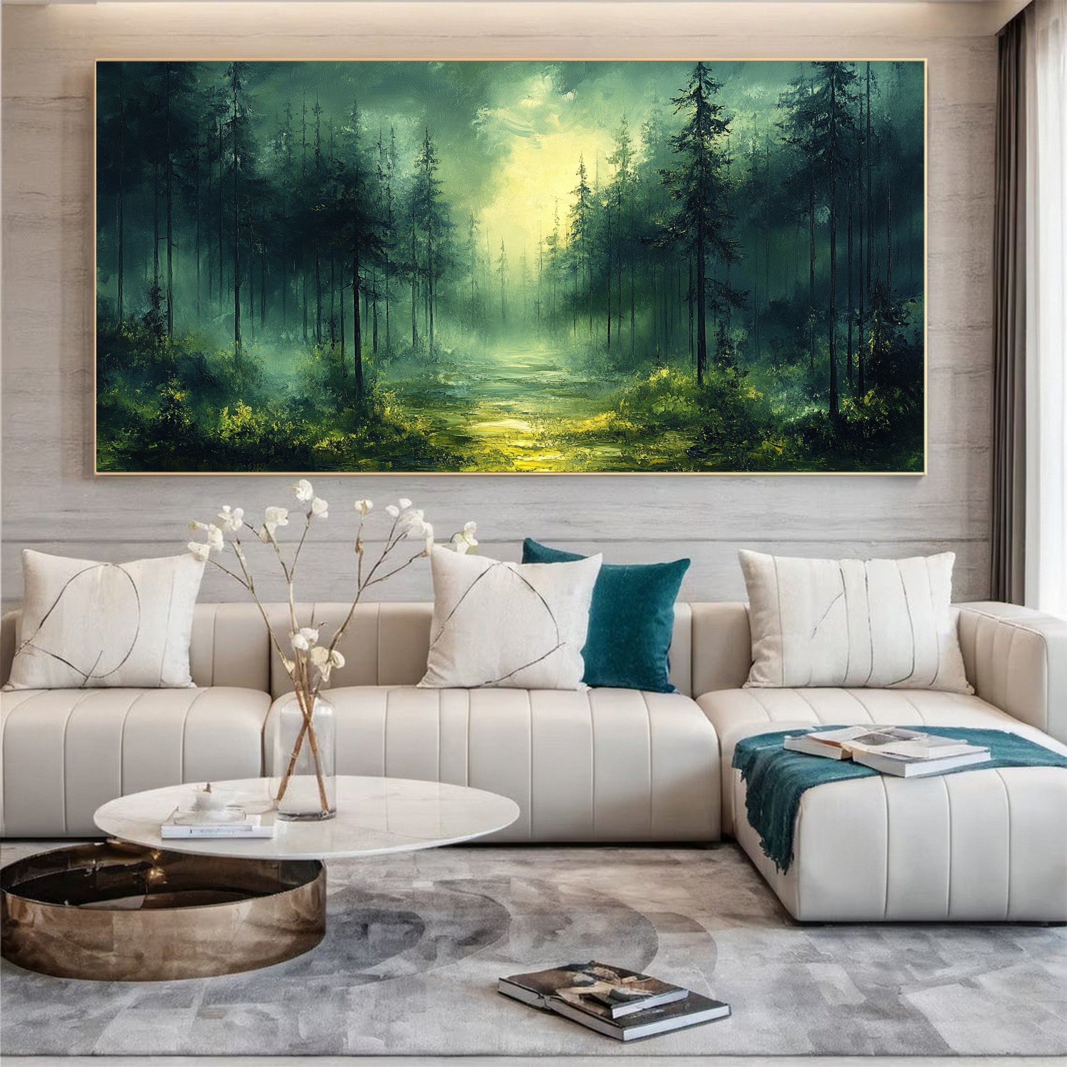 Green Forest Sunrise Canvas Large Landscape Wall Art for Home #TP036