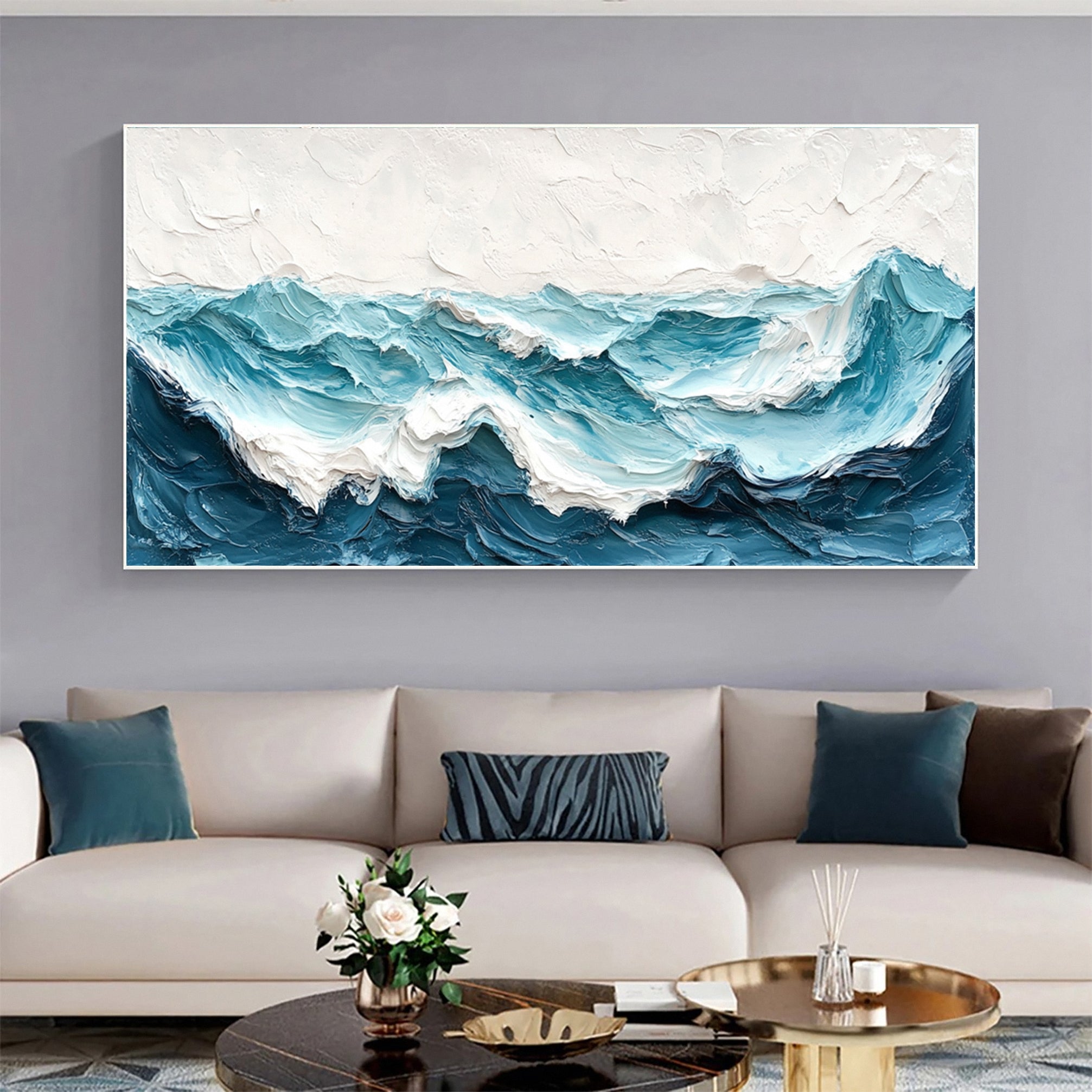 Modern Ocean Wall Art Large Textured Wave Canvas for House #OP027