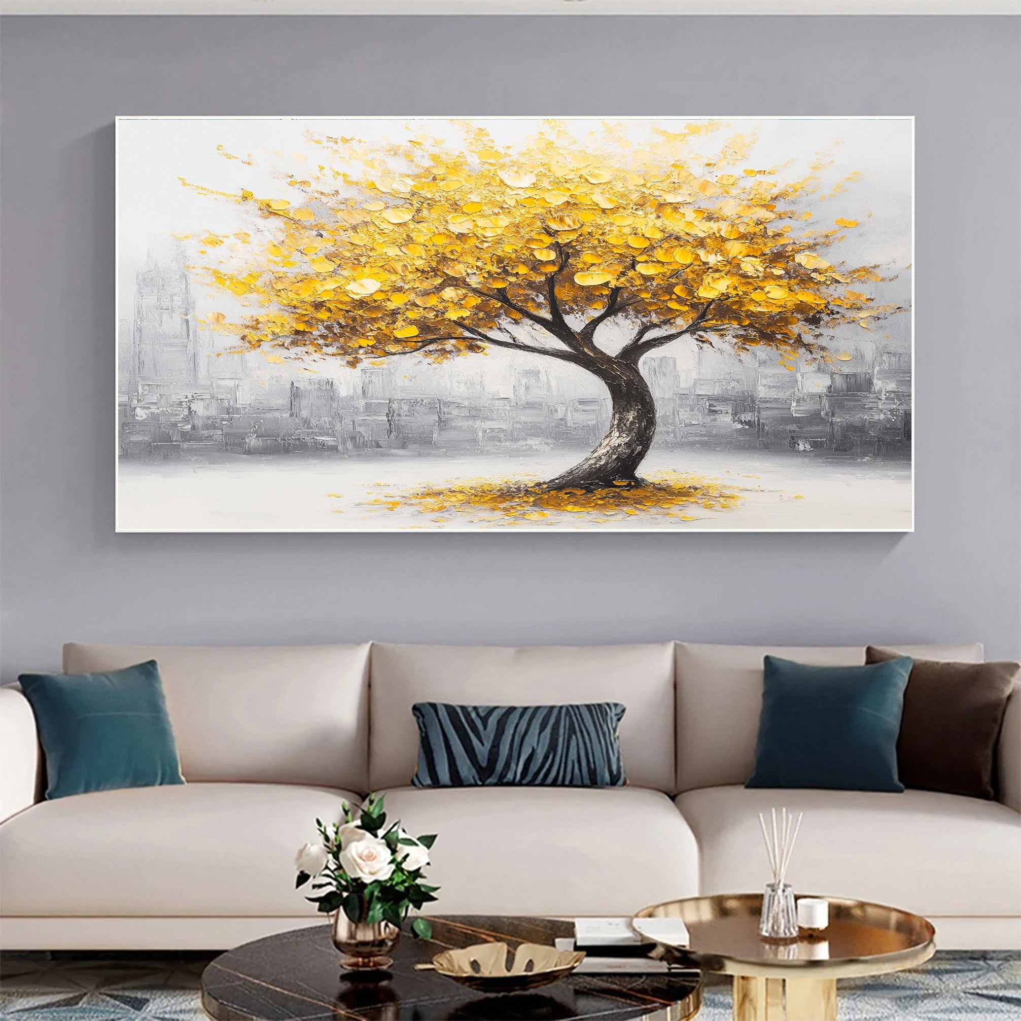 Modern Tree in City Artwork Warm Tones and Urban Charm #TP033