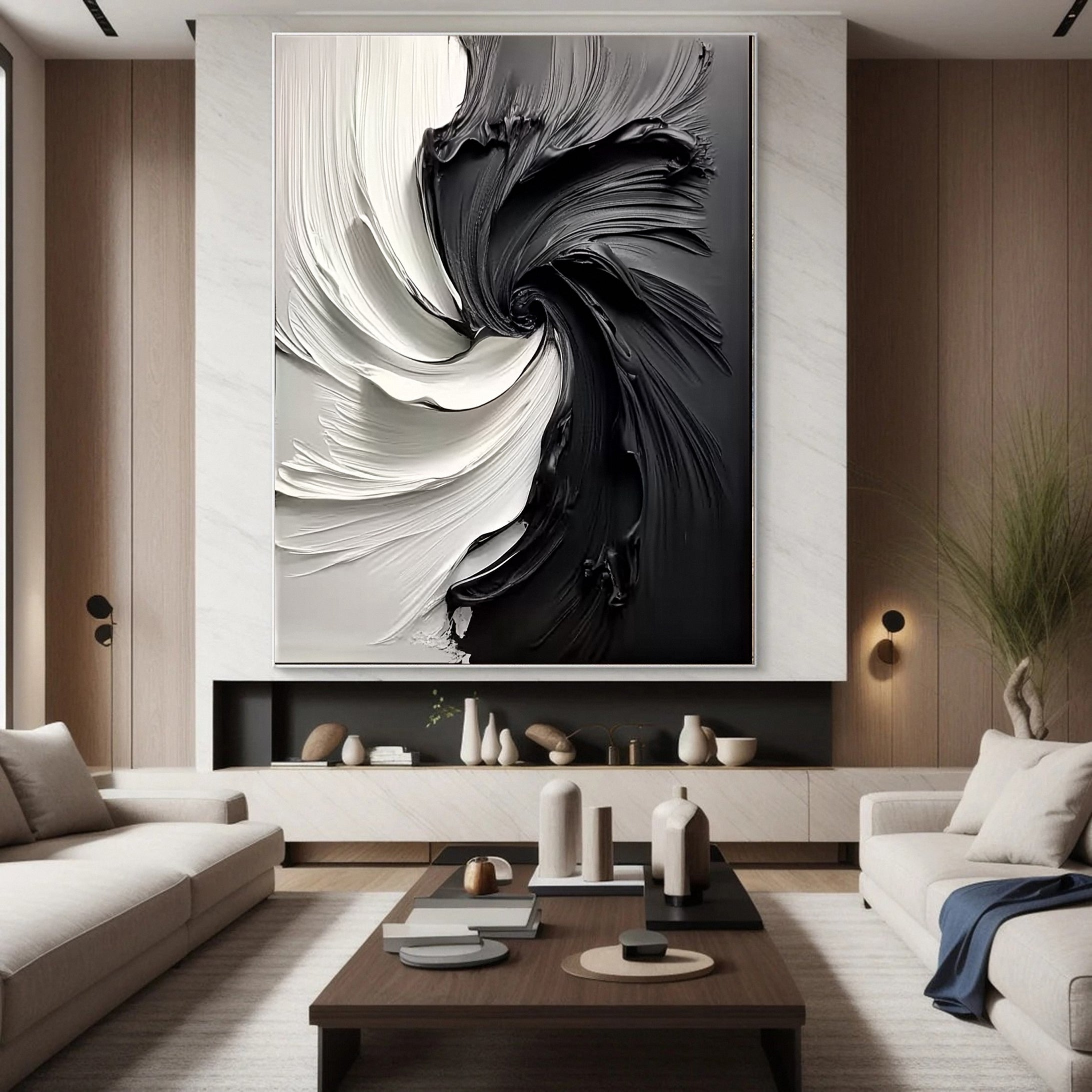 Large Black and White Abstract Swirl Canvas