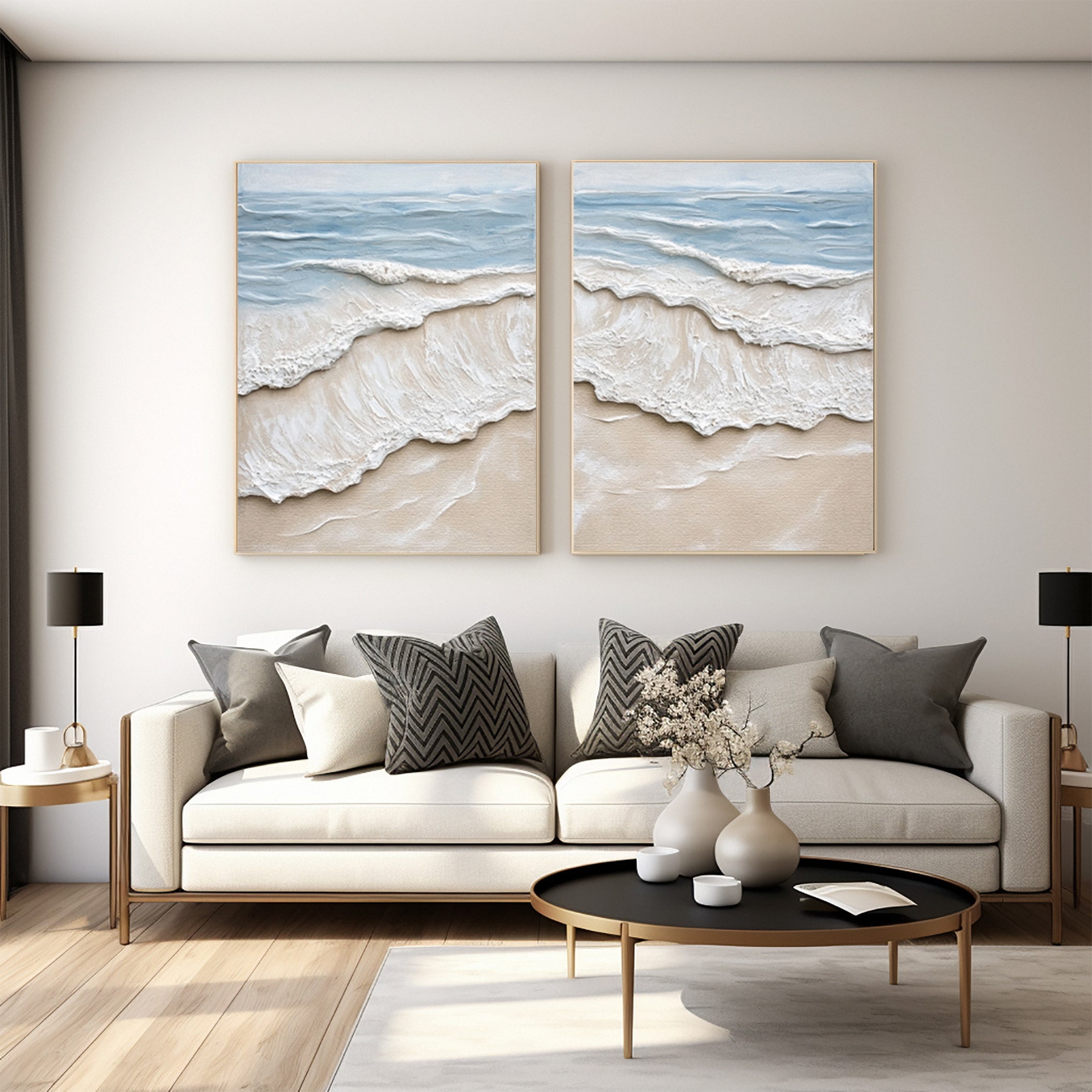 Textured Coastal Wash Diptych: Aerial Seascape with 3D Waves #MM641