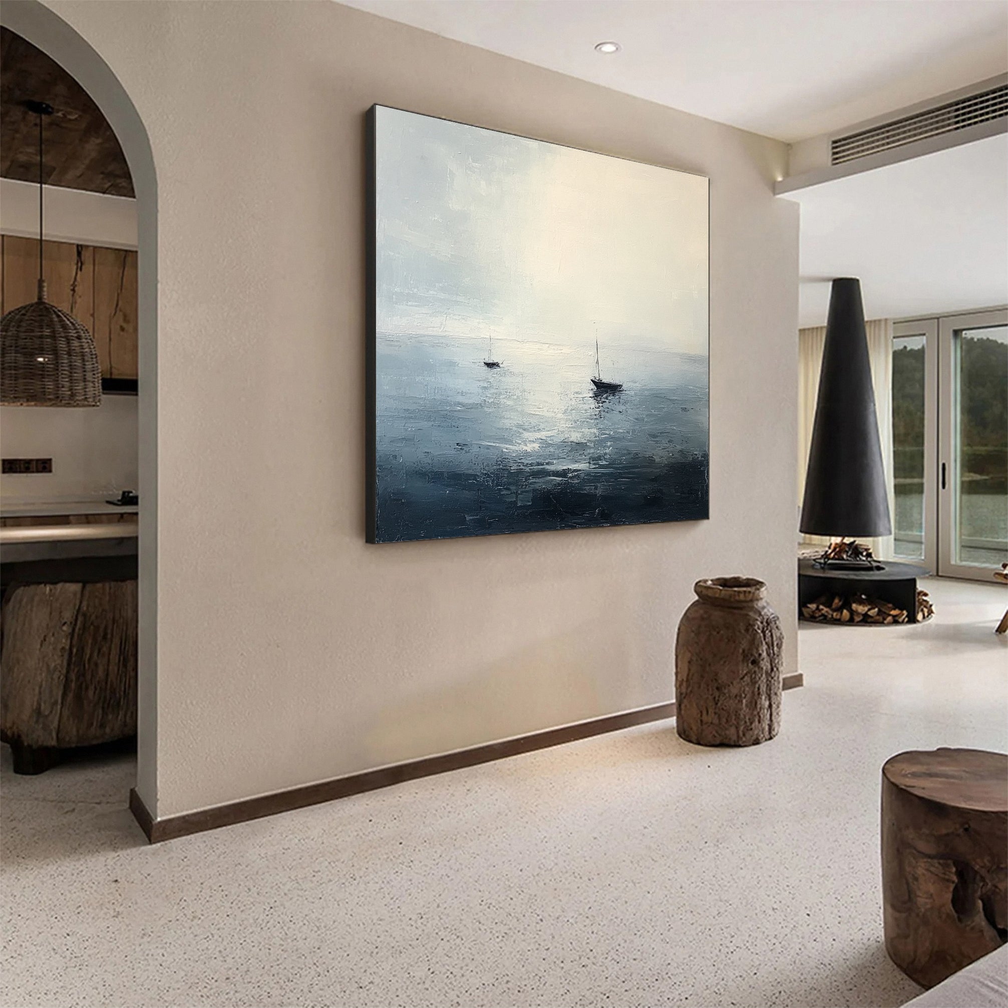 Tranquil Ocean Painting with Sailboats for Modern Homes #AB031