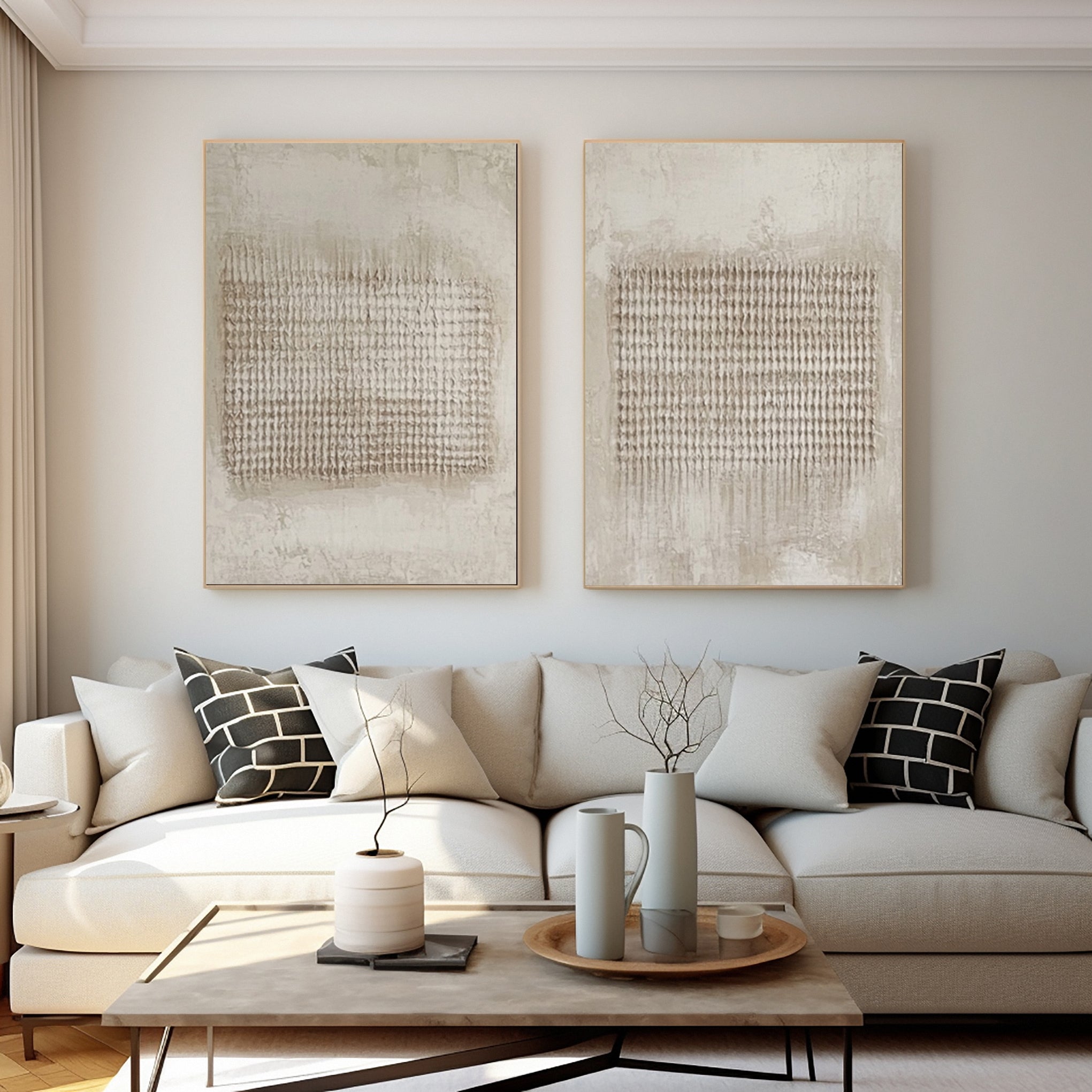Neutral Grid Texture Diptych: Minimalist Abstract with Markings #MM605