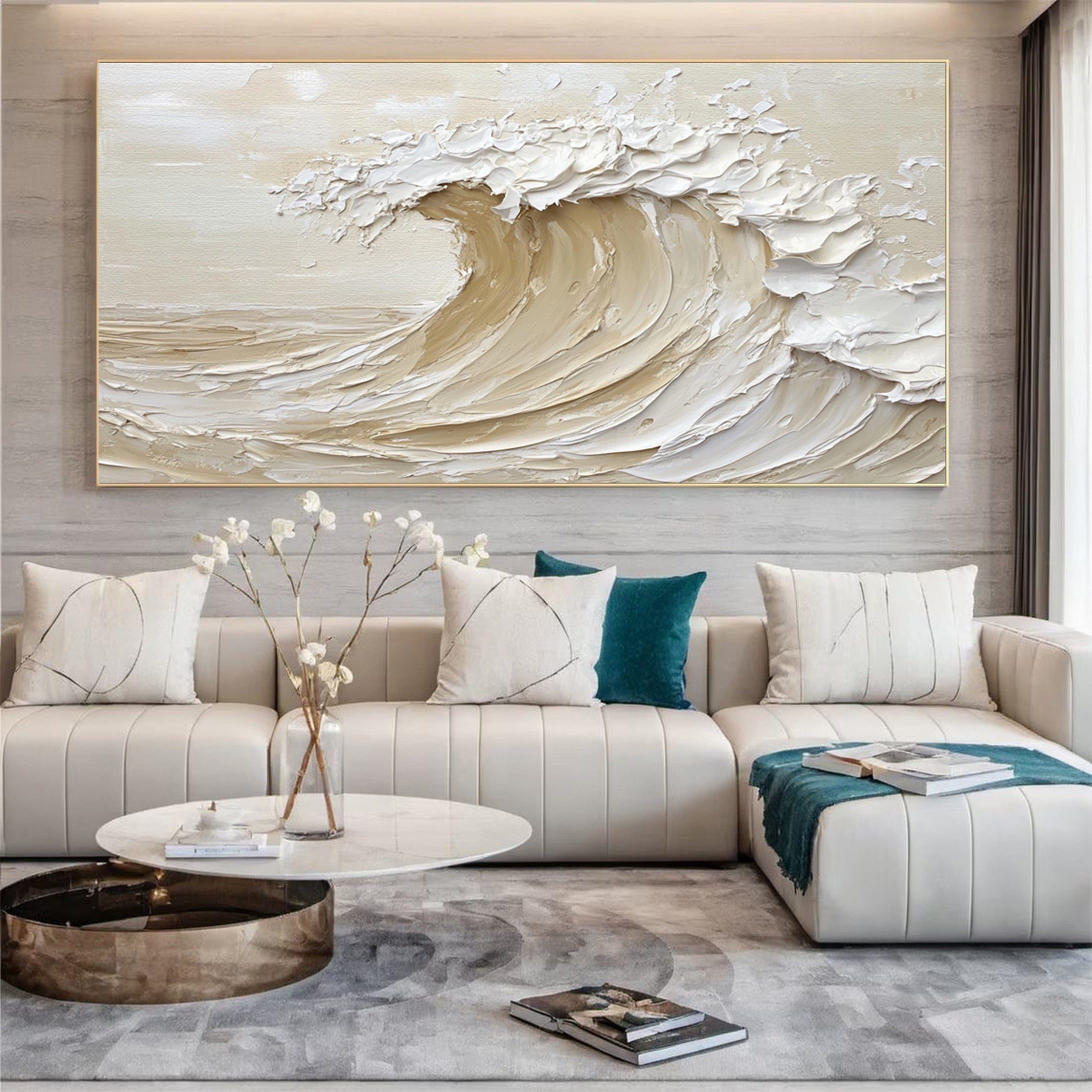 Luxury Coastal Wave Canvas Art Neutral Textured Painting #OP045