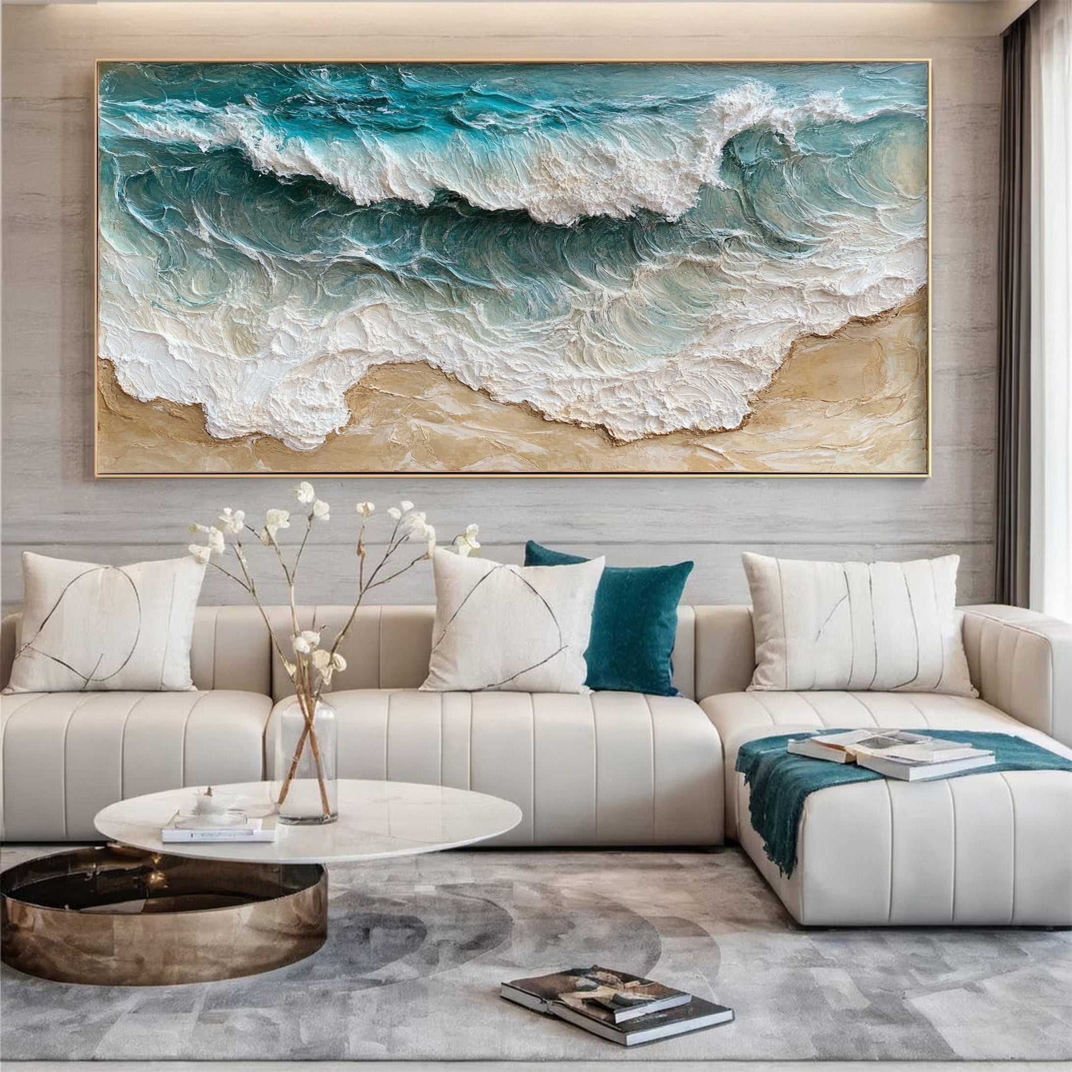 Beach Wave Wall Art Ocean-Inspired Textured Canvas for House #OP024