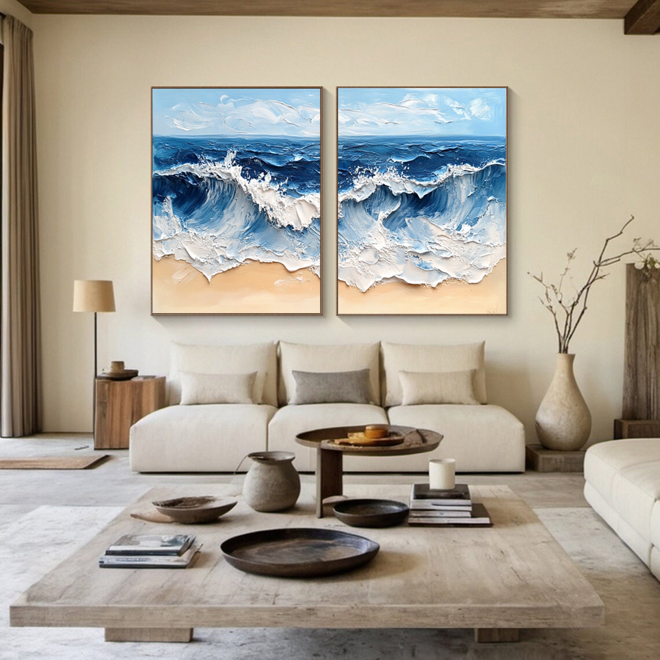 Ocean Wave Diptych Textured Abstract Coastal Canvas Art #OP033