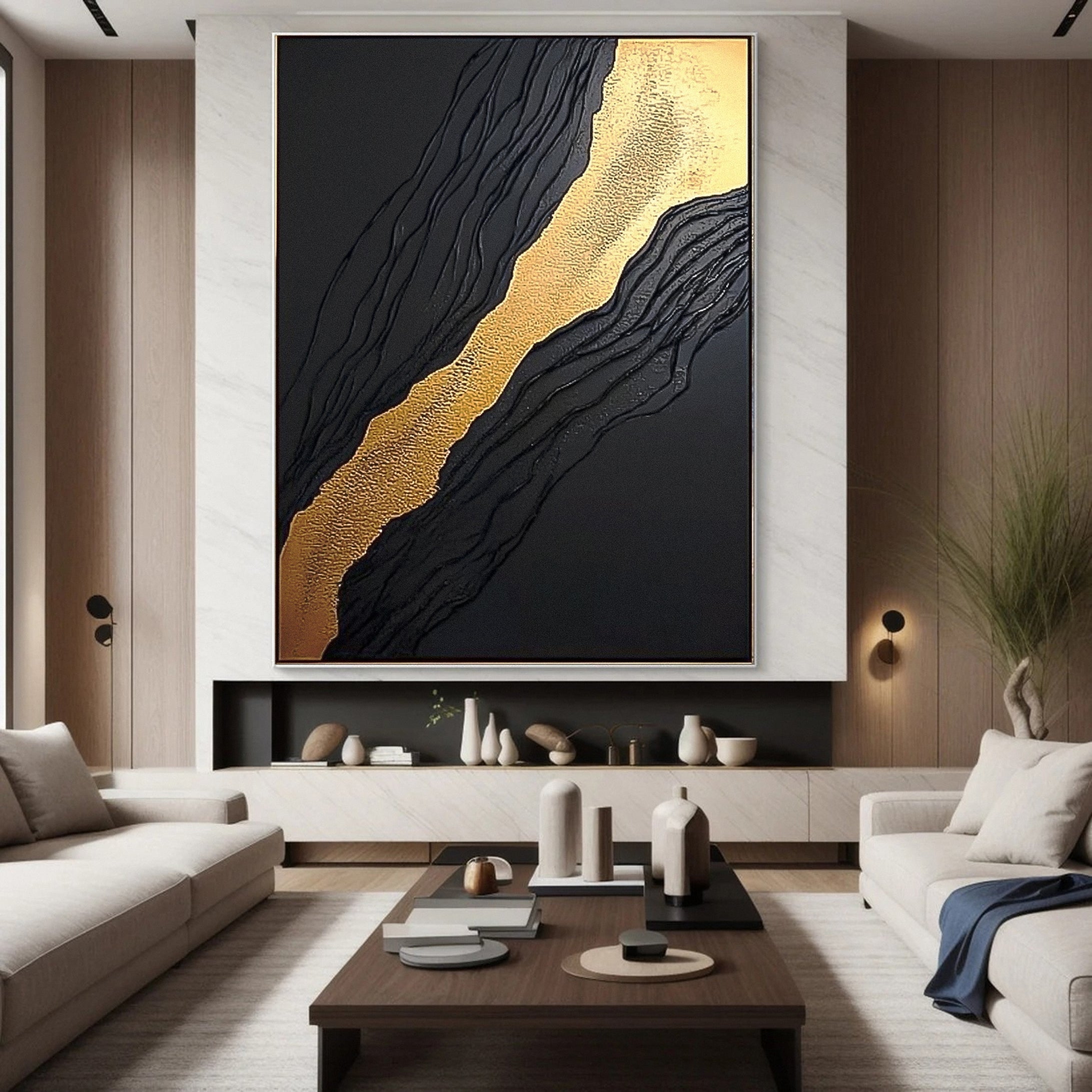 Luxurious Black & Gold Abstract Wall Art for Living Room #MM130