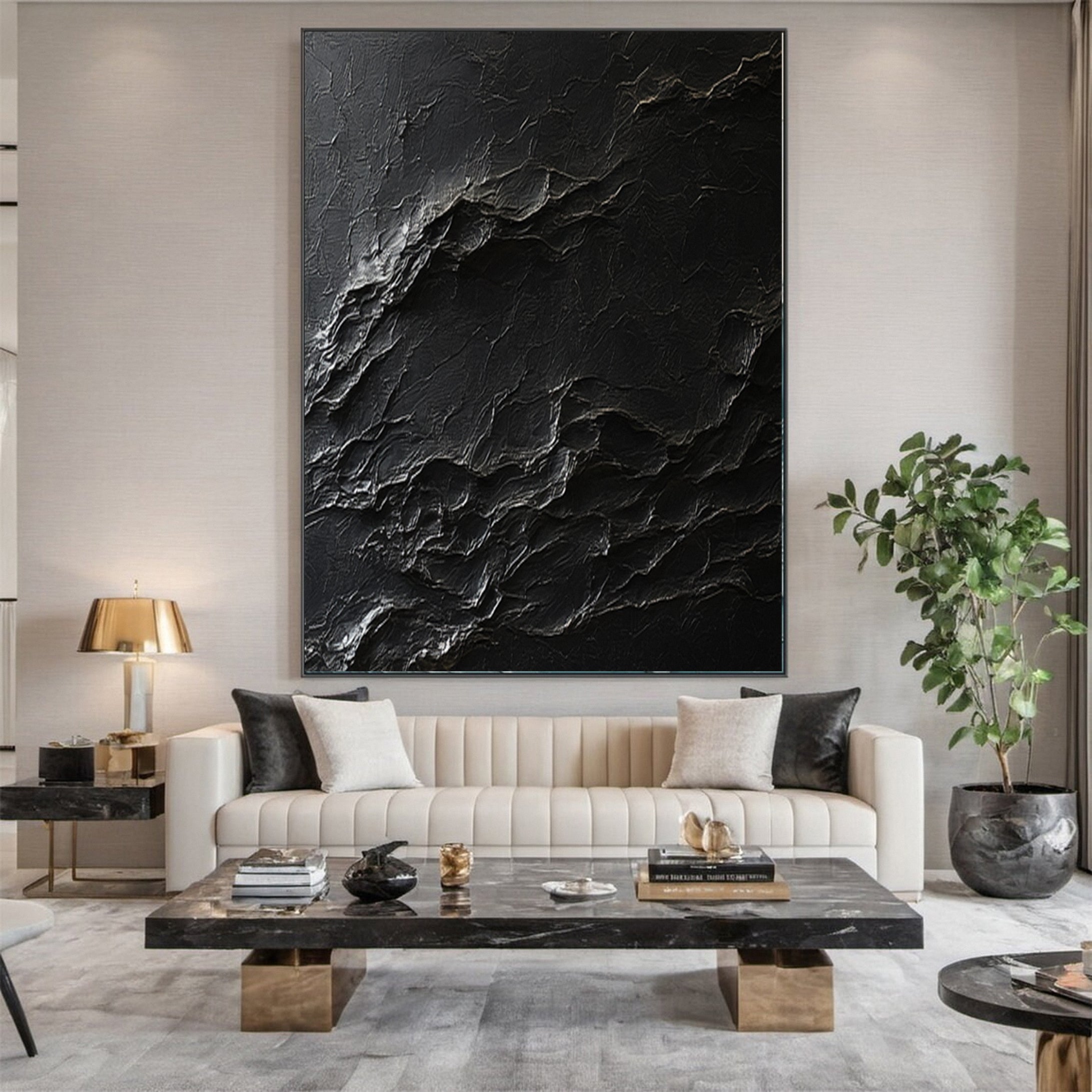 Black Textured Canvas Art Contemporary Minimalist Decor #MM122