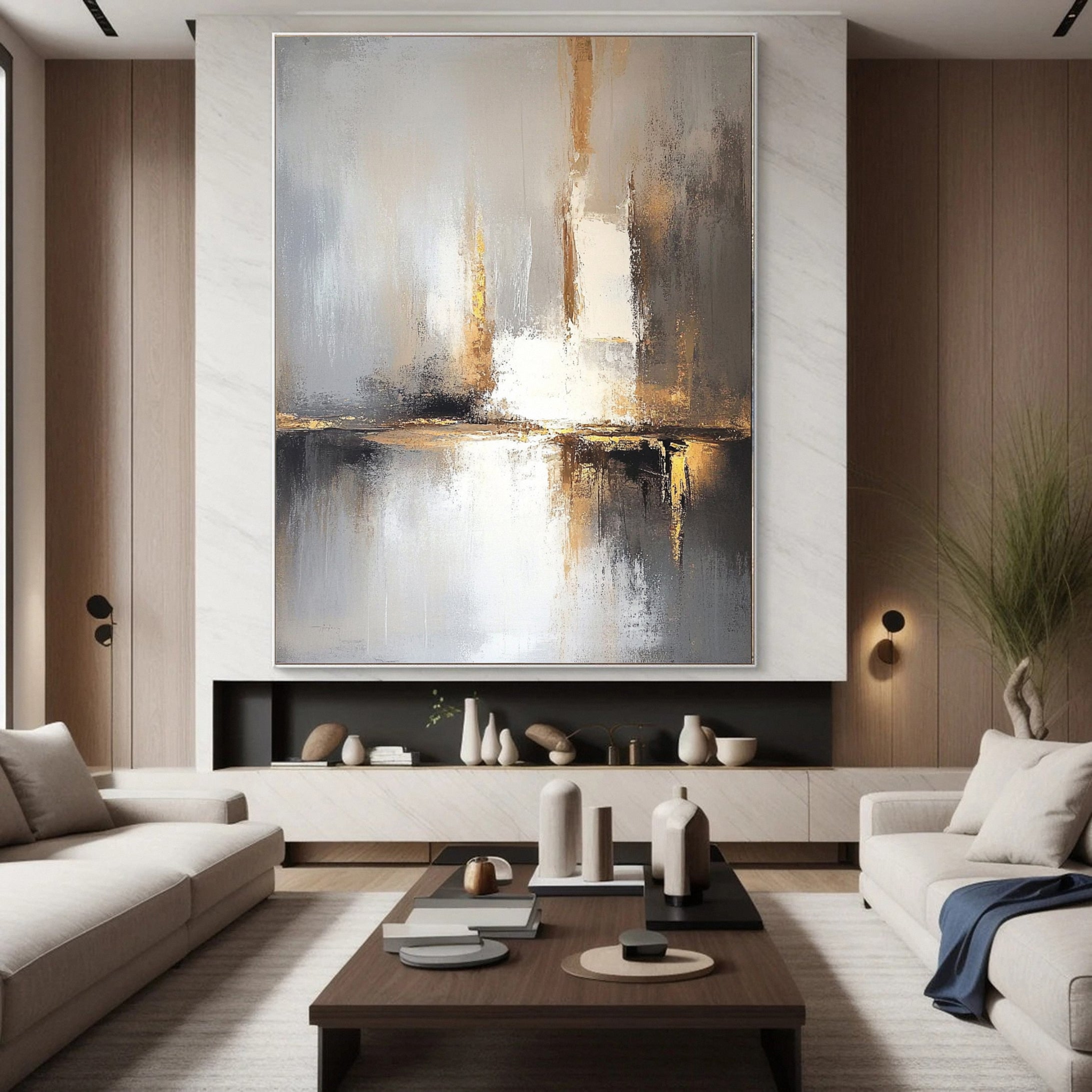 Elegant Abstract Painting in Gold and Grey Tones #AB054