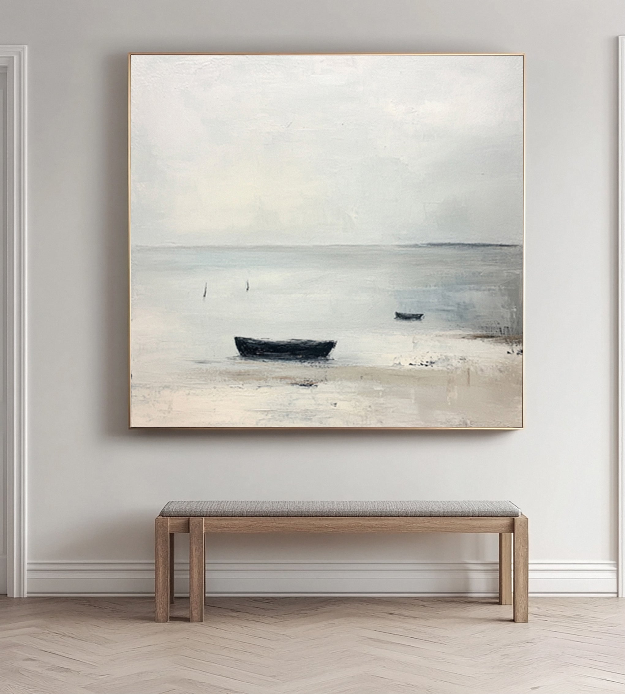 Quiet Coastal Solitude: Minimalist Beach Painting with Rowboat #MM631