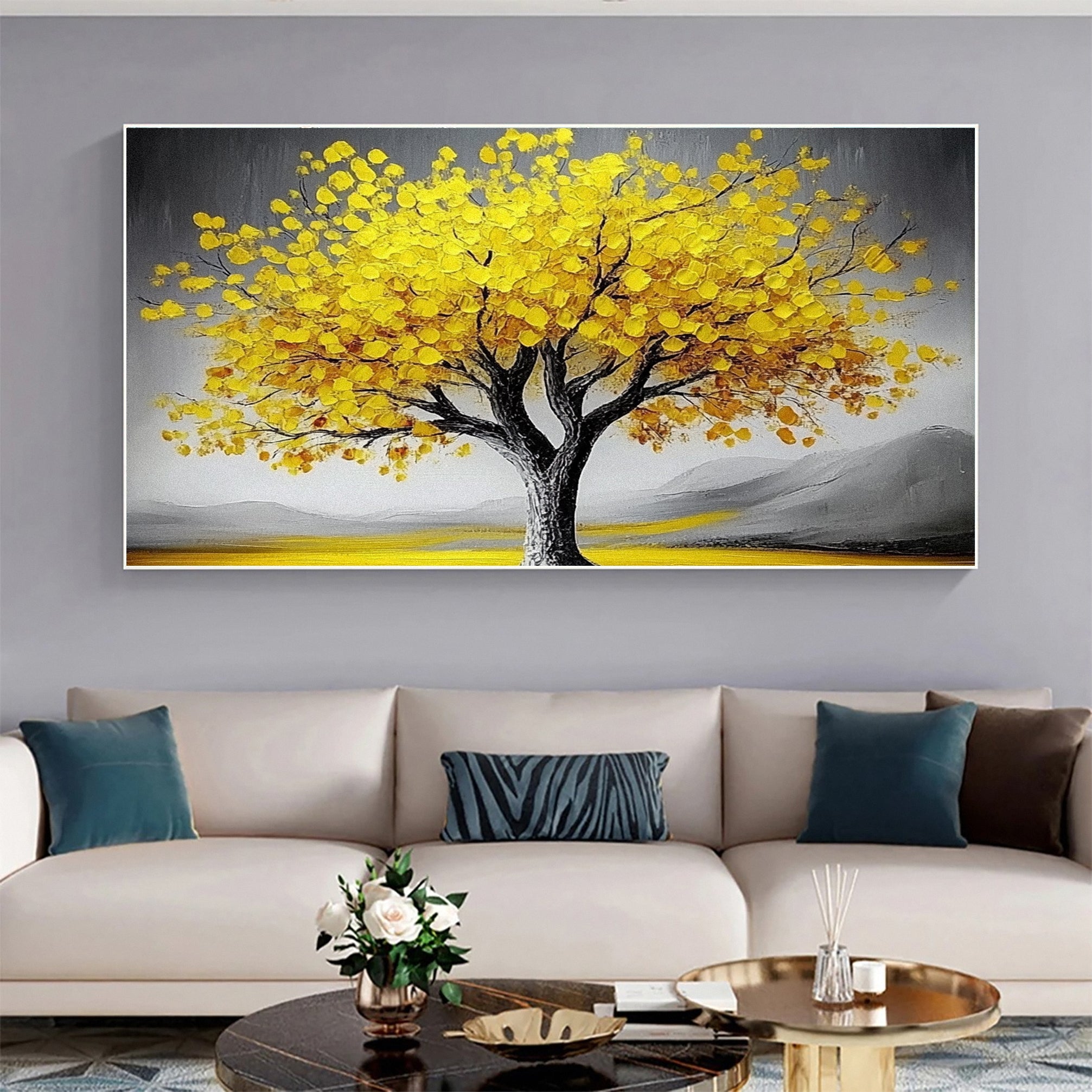 Large Abstract Tree Wall Art Yellow Color and Dynamic Texture #TP029