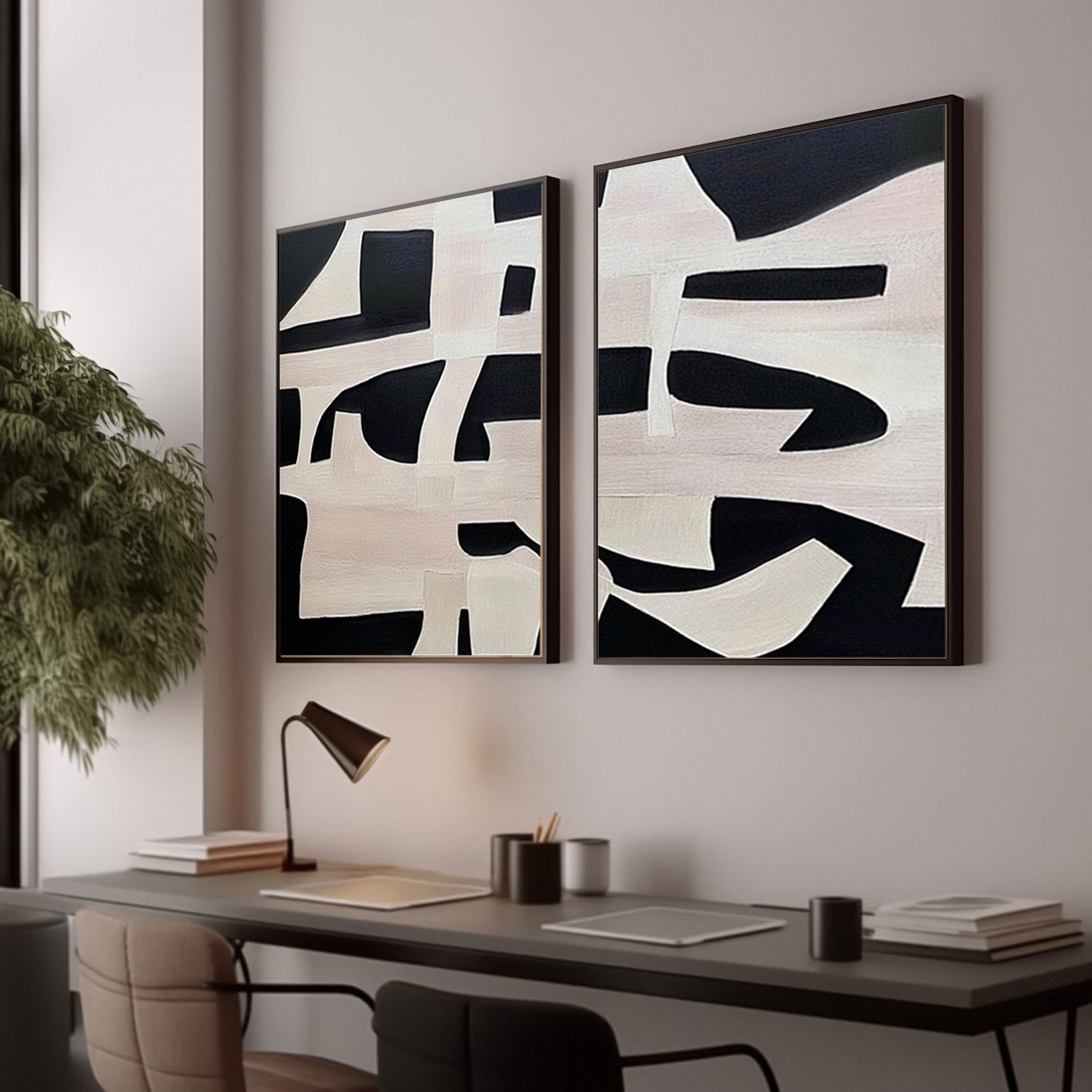 Abstract Neutral Wall Art Minimalist Black and Beige Diptych #MMS057