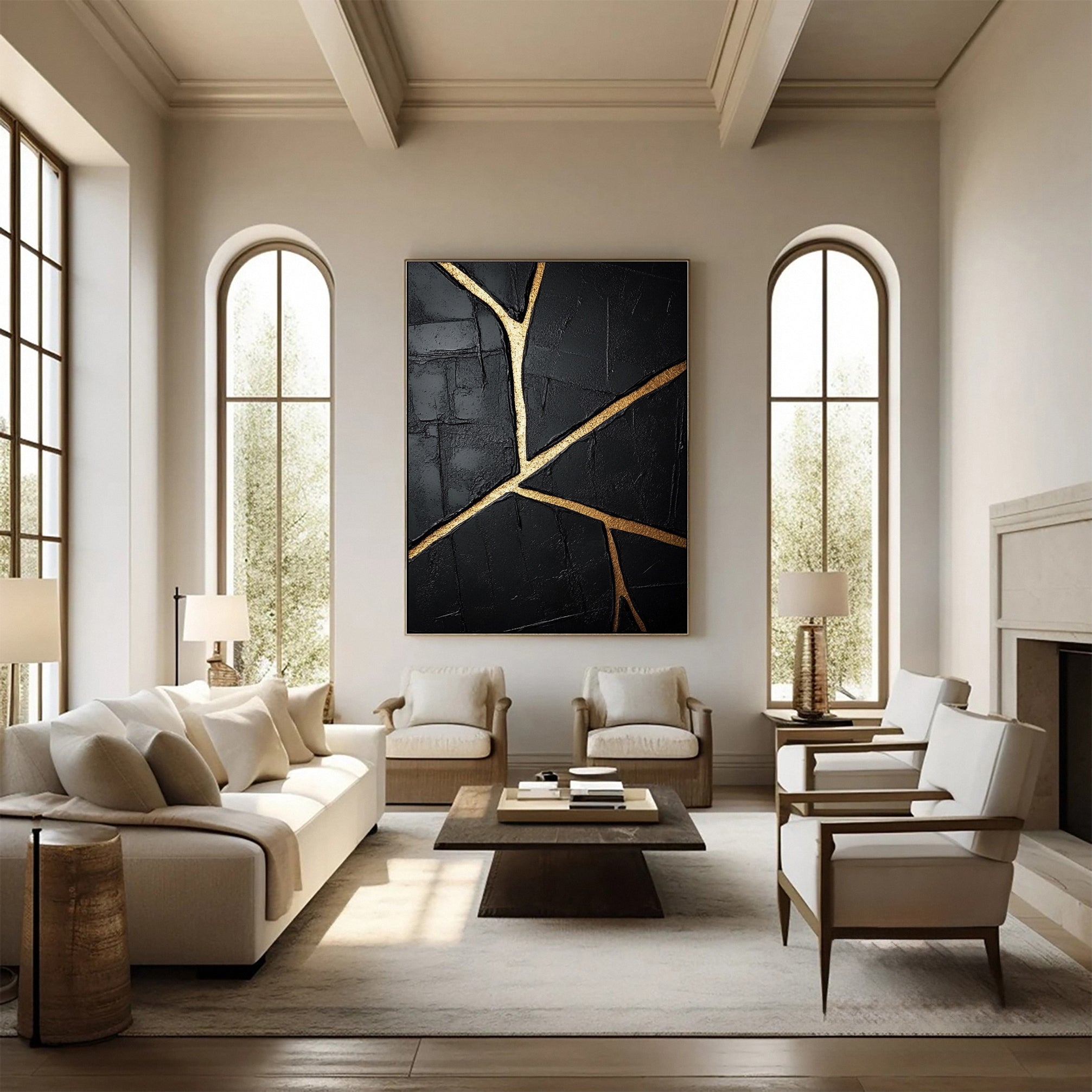 Gold Streaked Black Abstract Canvas for Elegant Interiors #MM109