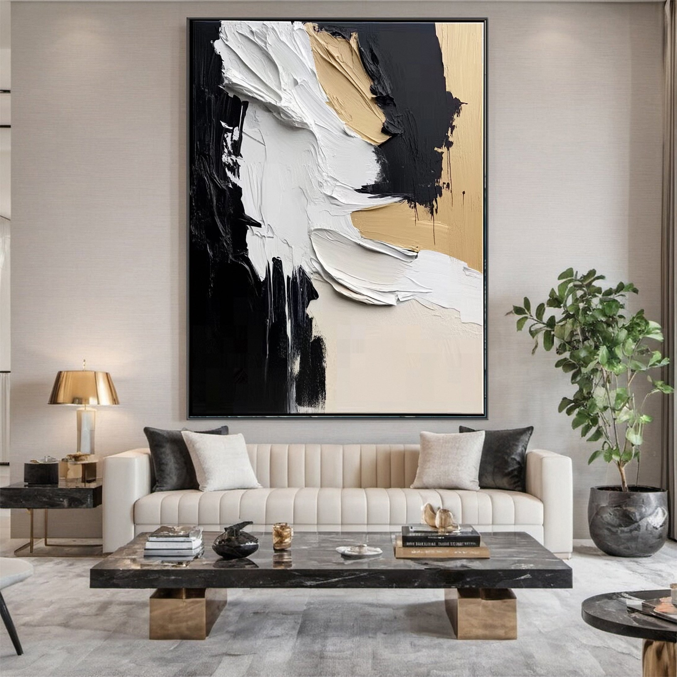 Modern Abstract Black & Beige Canvas Art Textured Elegance #MM134