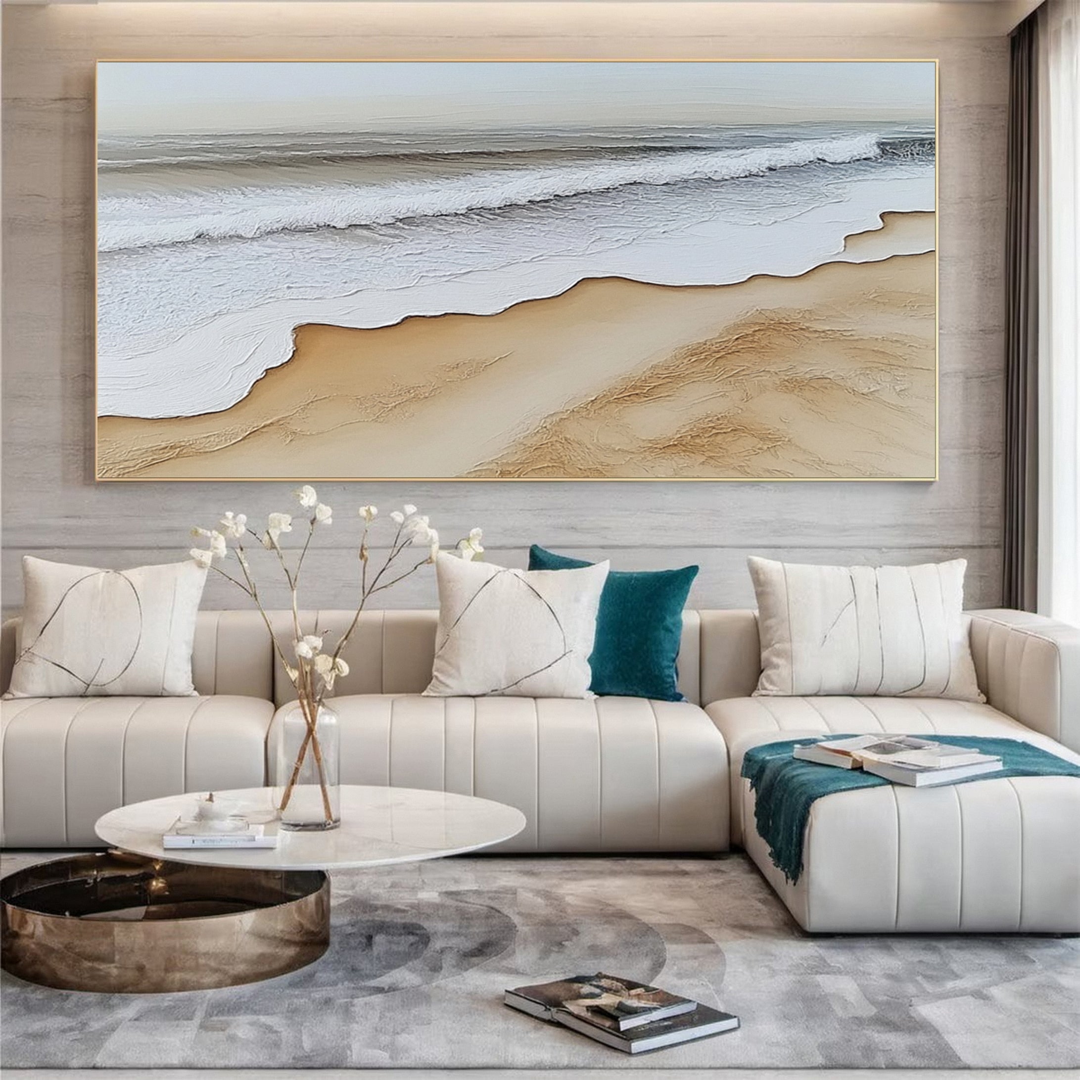 Luxury Beach Shoreline Canvas Textured Coastal Wave Art #OP051