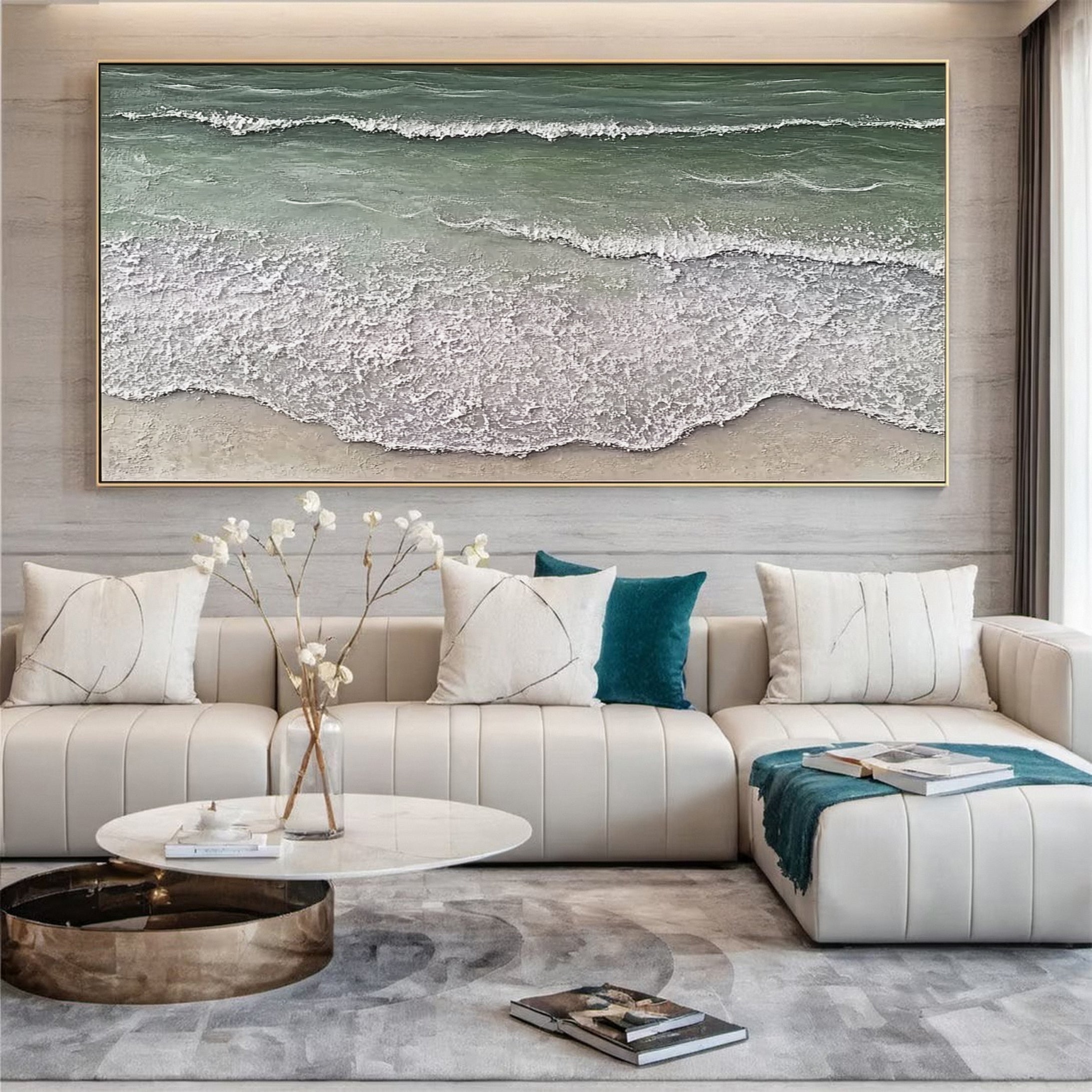 Large Beach Canvas Art Tranquil Green Ocean