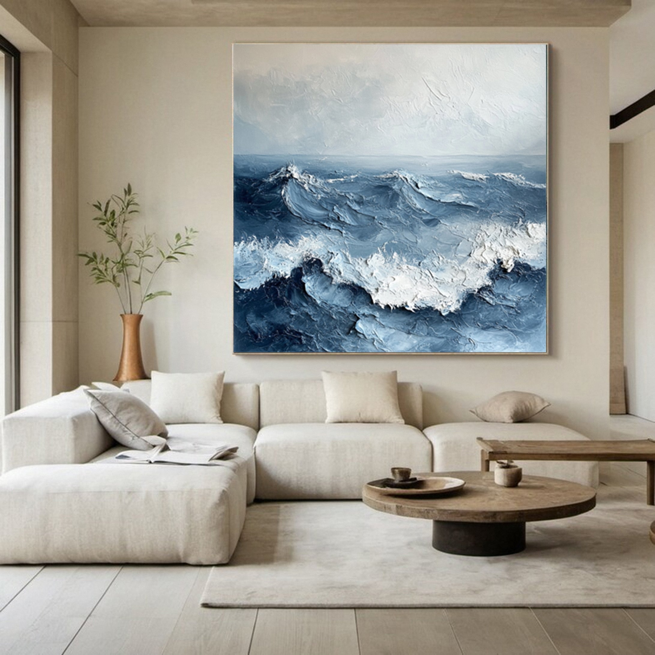 Abstract Ocean Canvas Art Blue Textured Wave Painting #OP034