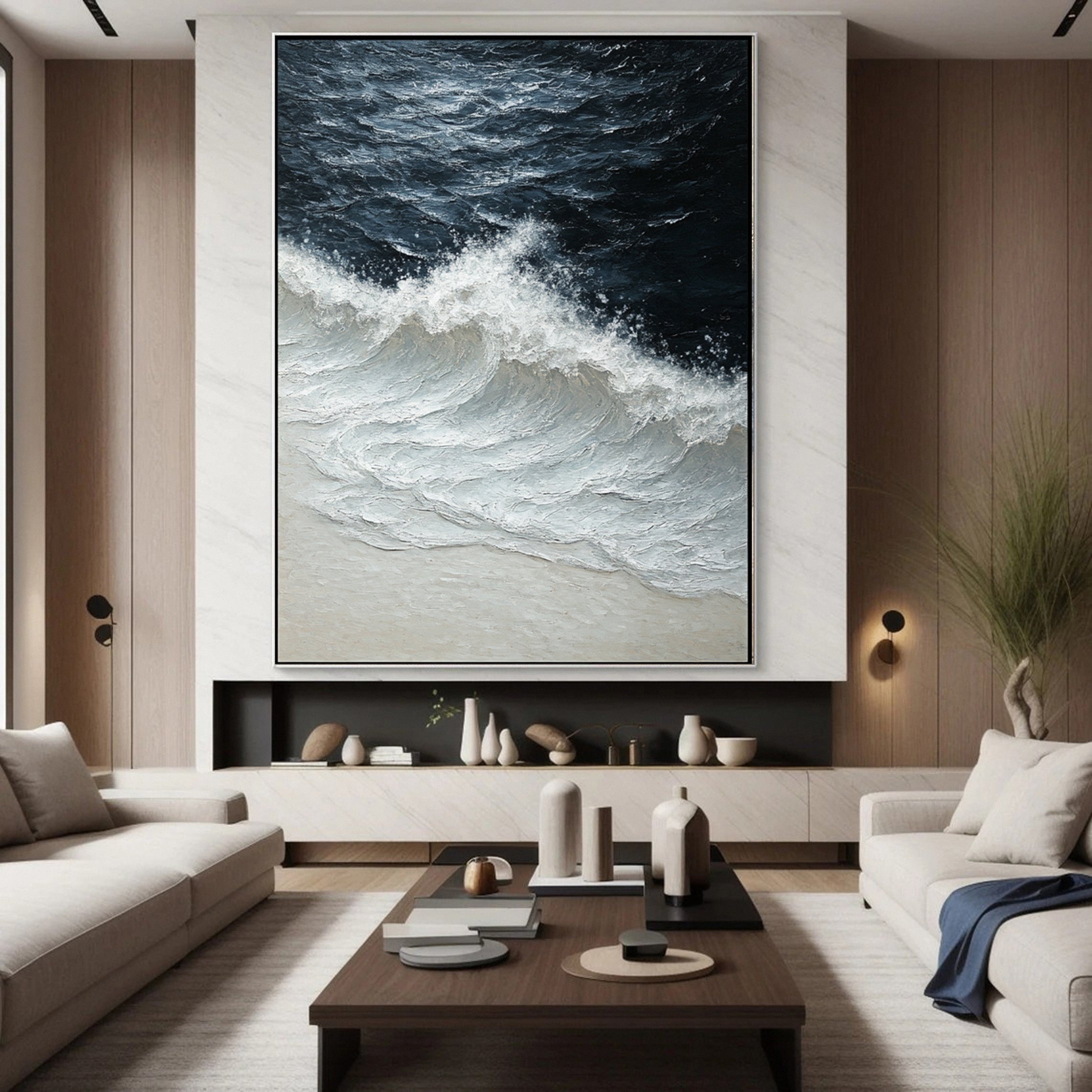 Modern Coastal Wall Art White Textured Ocean Canvas #OP037