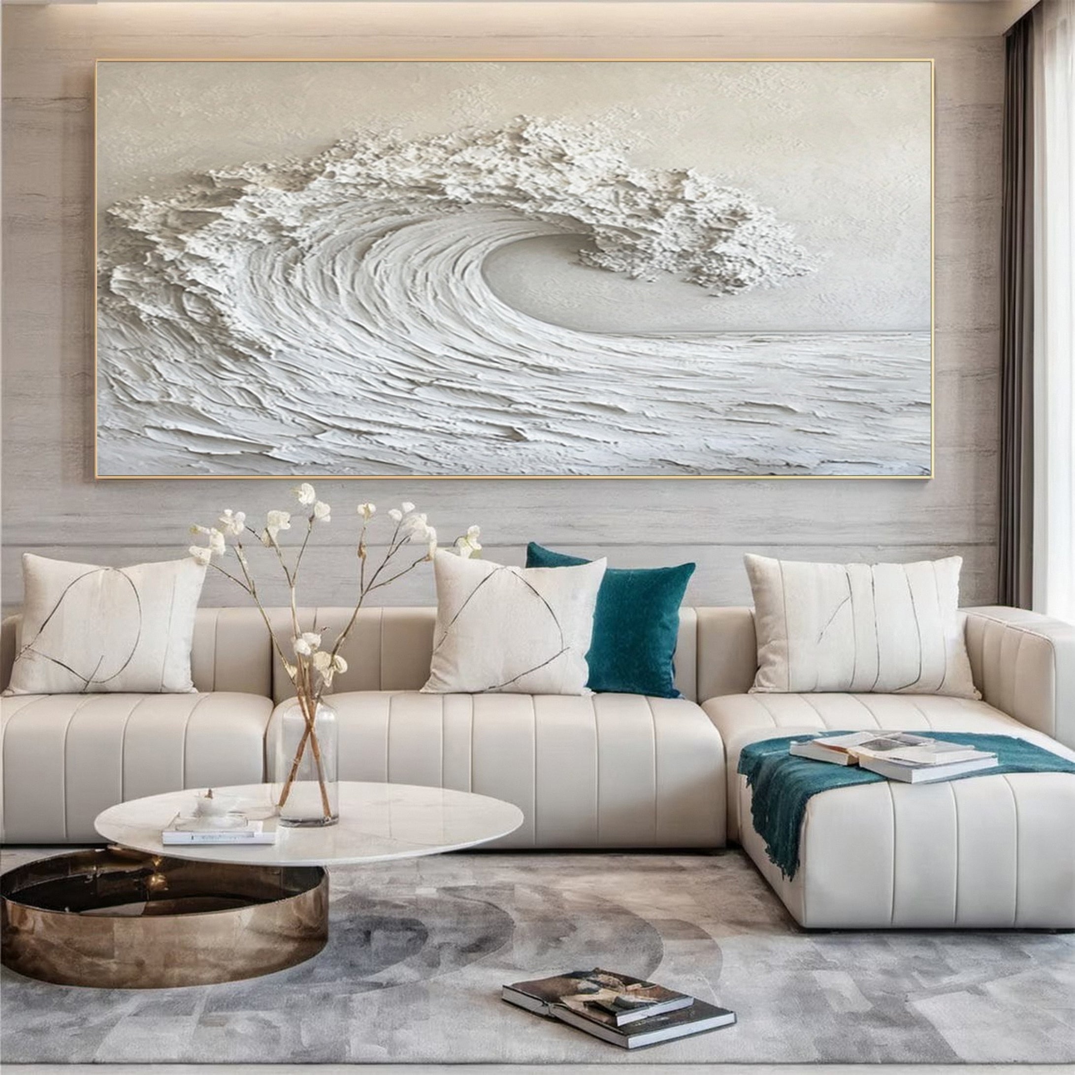 Modern Neutral Wave Art Large Coastal Canvas Decor #OP026