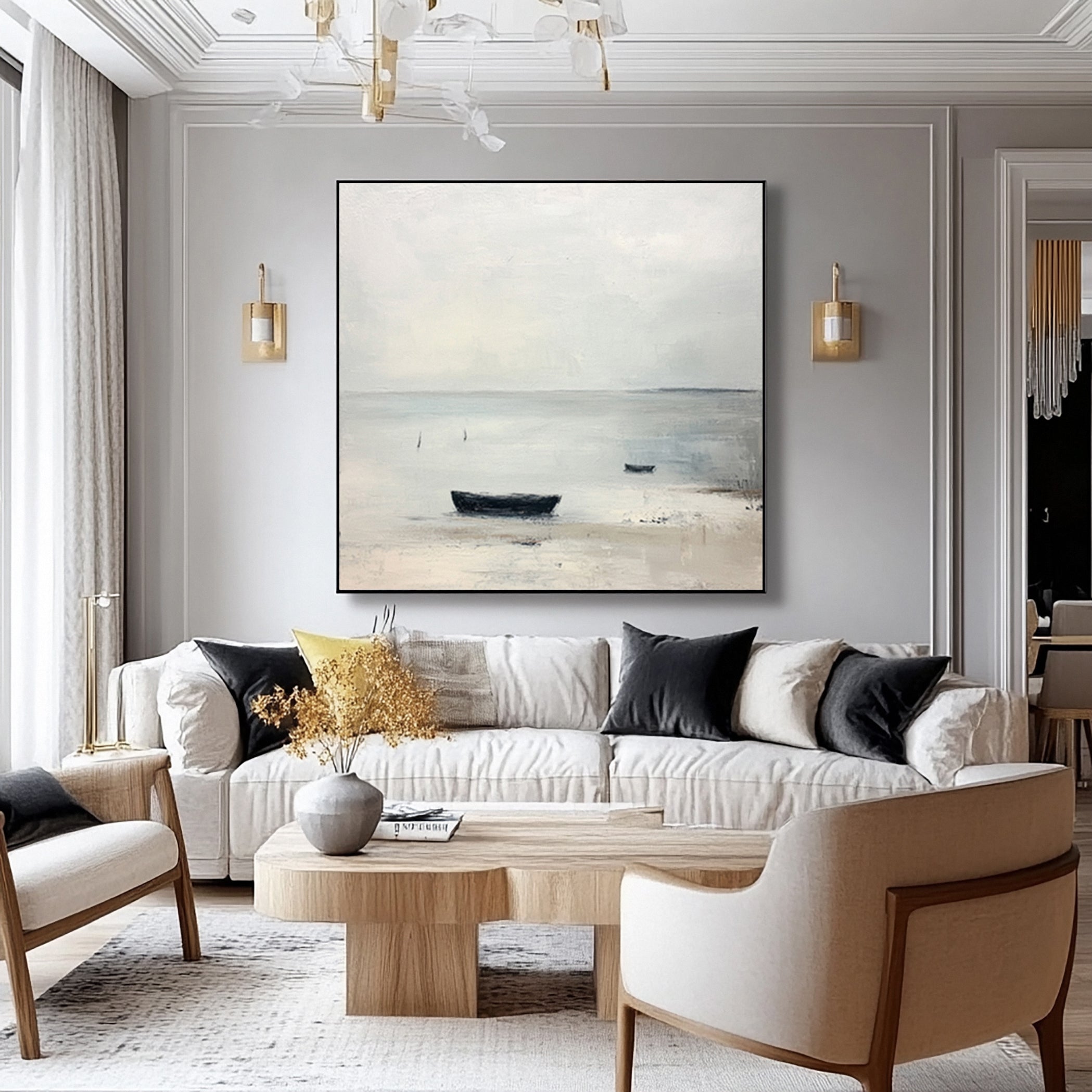 Quiet Coastal Solitude: Minimalist Beach Painting with Rowboat #MM631