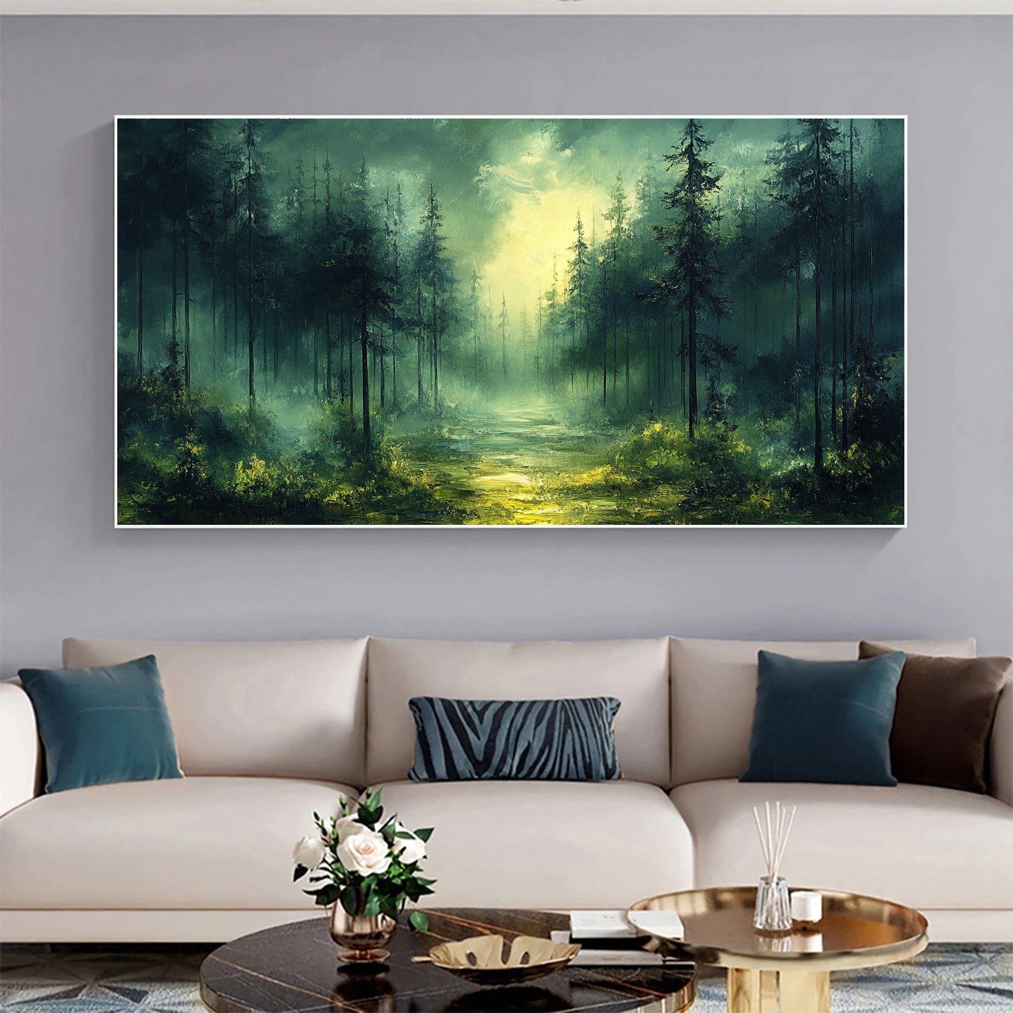 Green Forest Sunrise Canvas Large Landscape Wall Art for Home #TP036