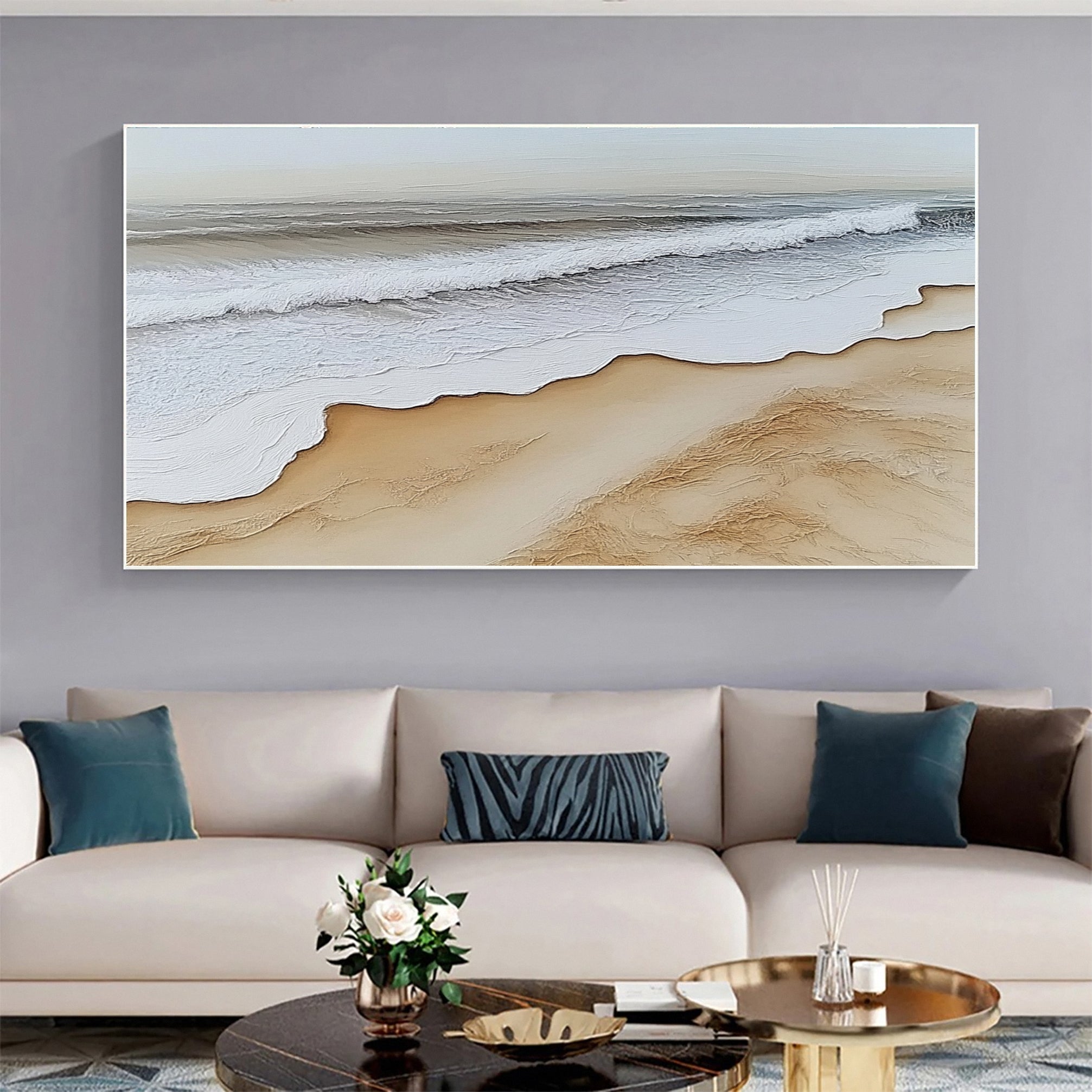 Luxury Beach Shoreline Canvas Textured Coastal Wave Art #OP051