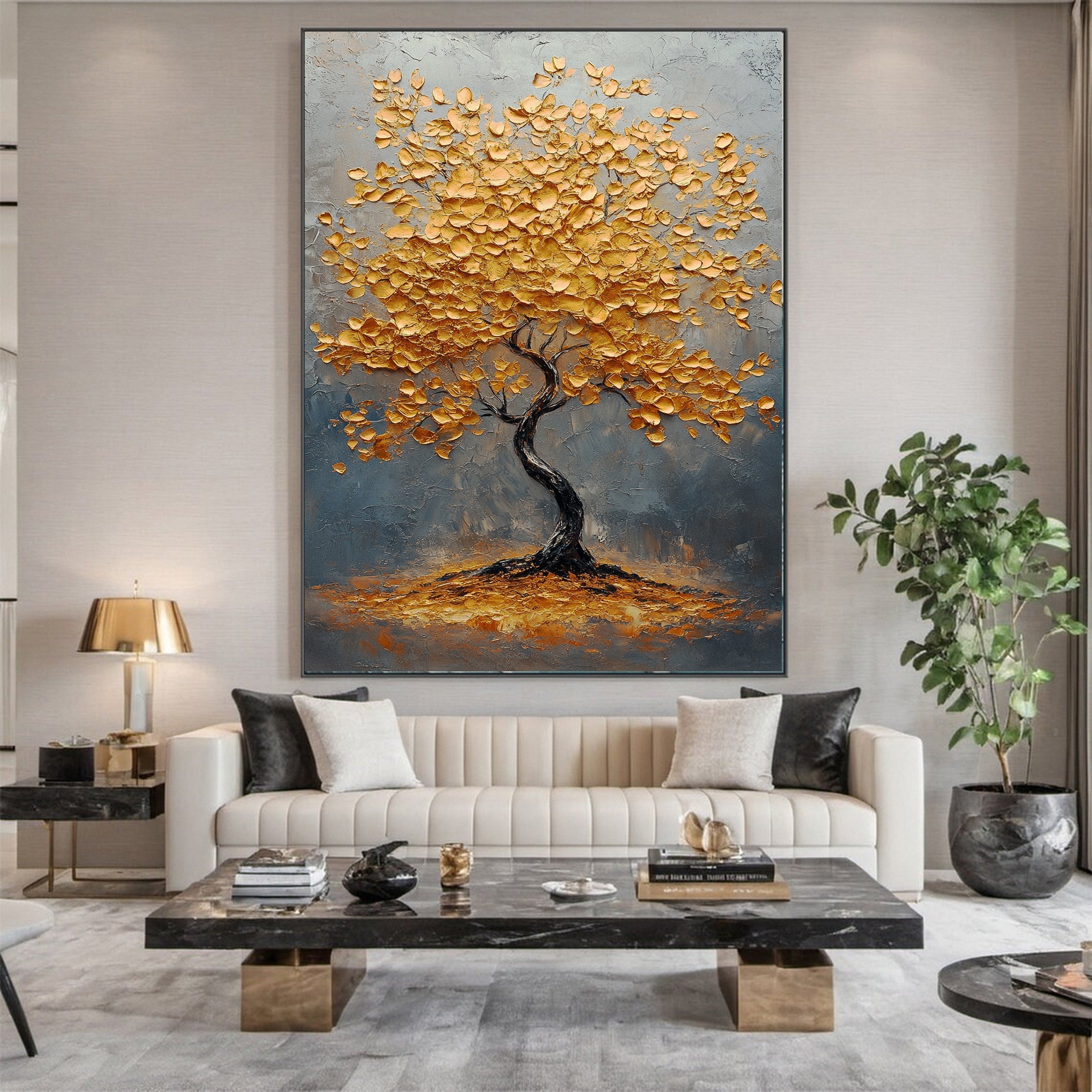 Golden Tree Wall Art Luxury Textured Canvas Painting For House #TP040