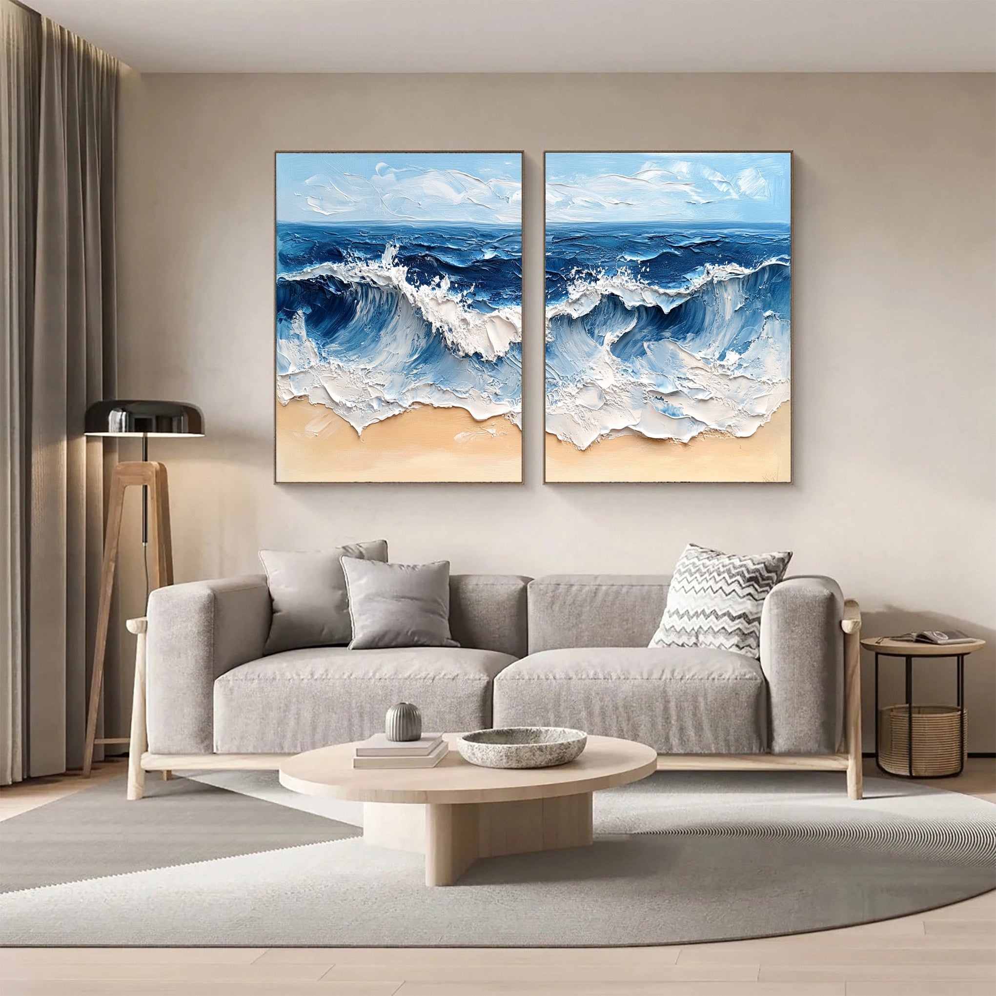 Ocean Wave Diptych Textured Abstract Coastal Canvas Art #OP033