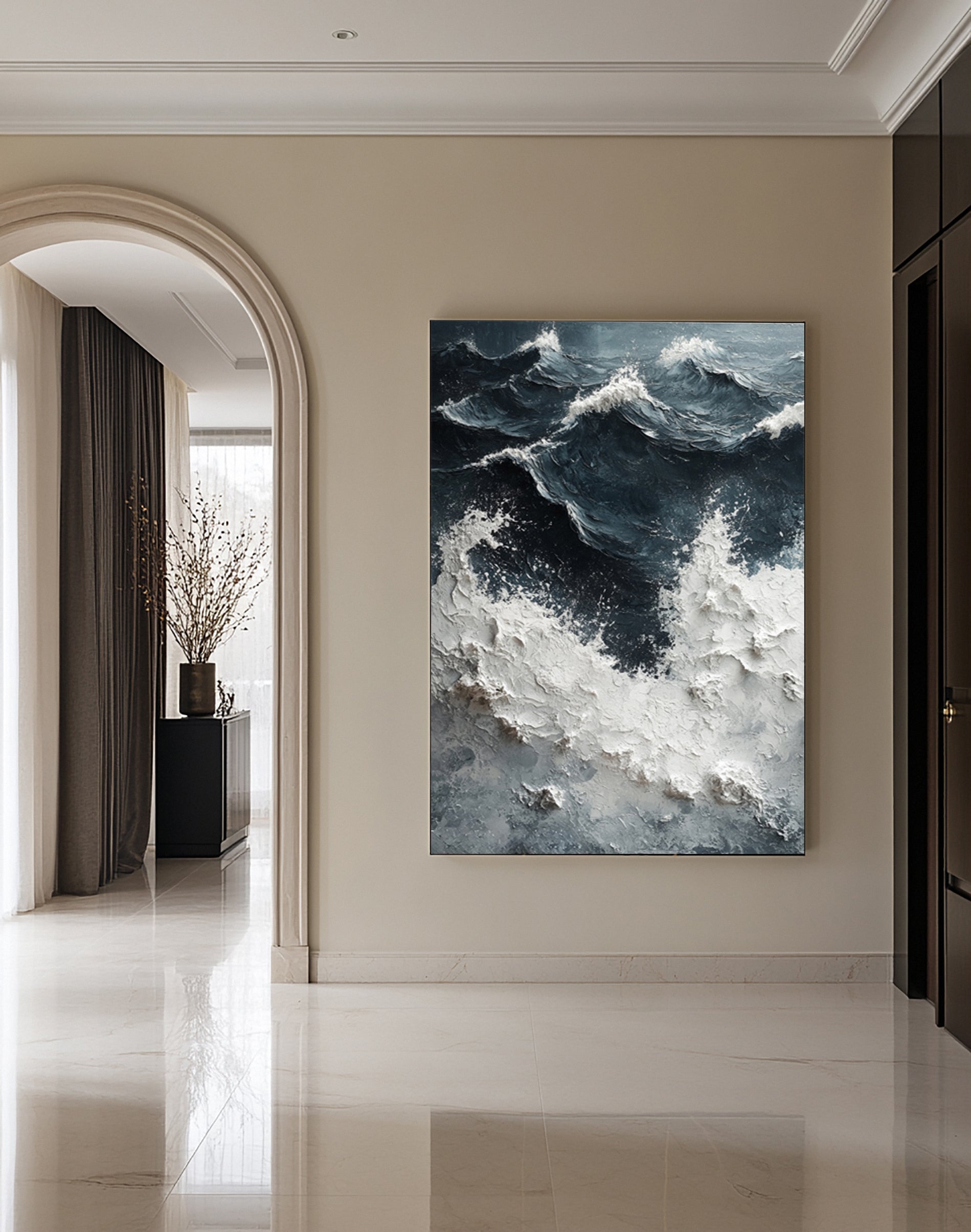Noir Depths Surge: Dynamic Wave Art with Crashing Whitecaps #MM628