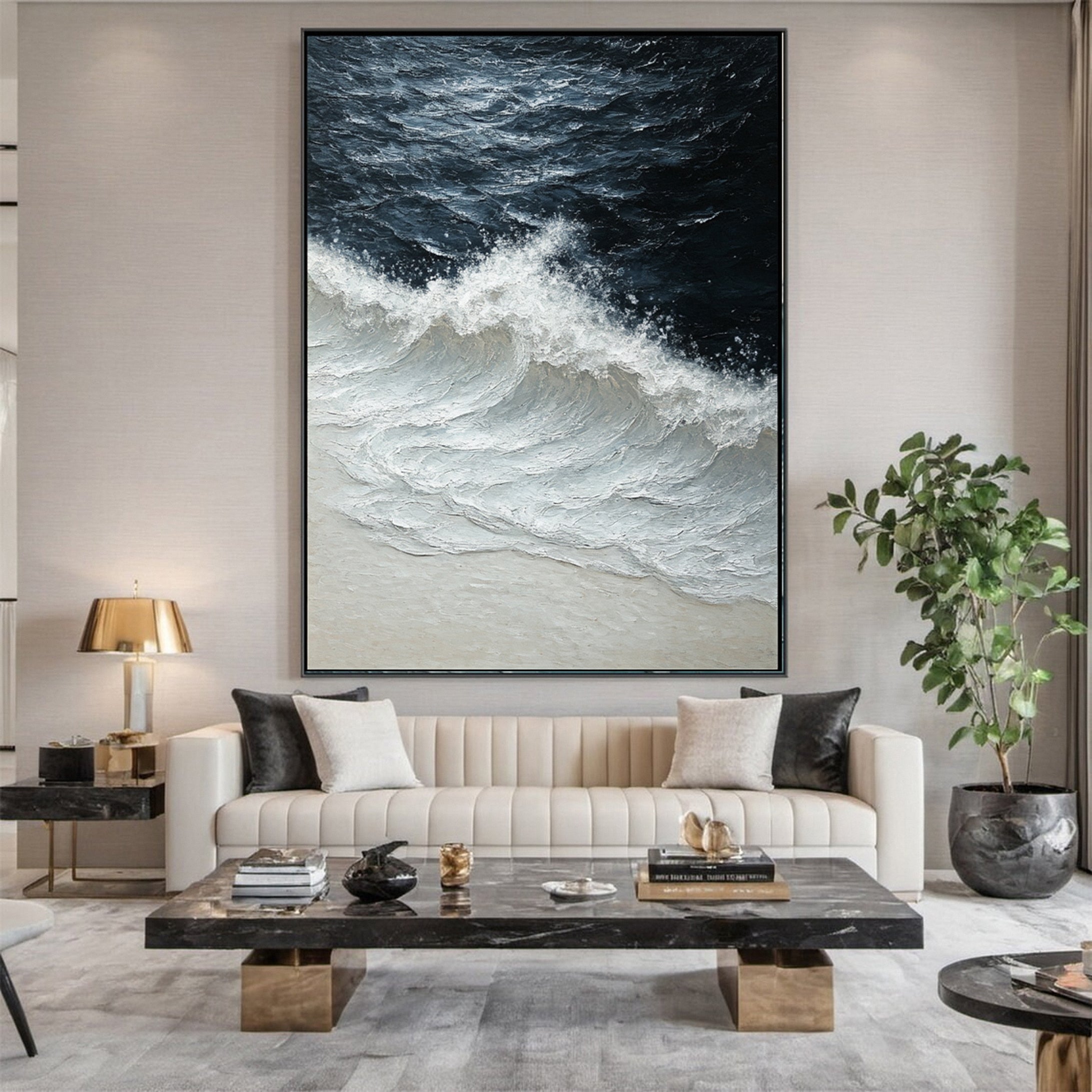 Modern Coastal Wall Art White Textured Ocean Canvas #OP037