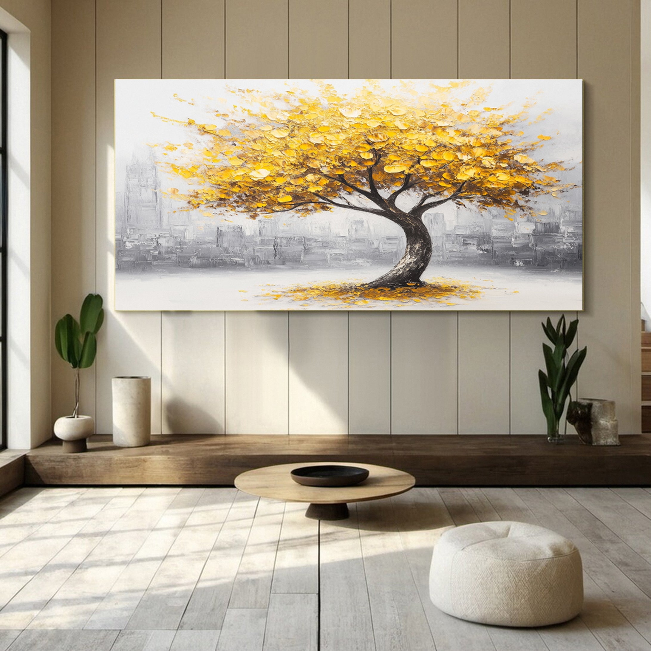 Modern Tree in City Artwork Warm Tones and Urban Charm #TP033