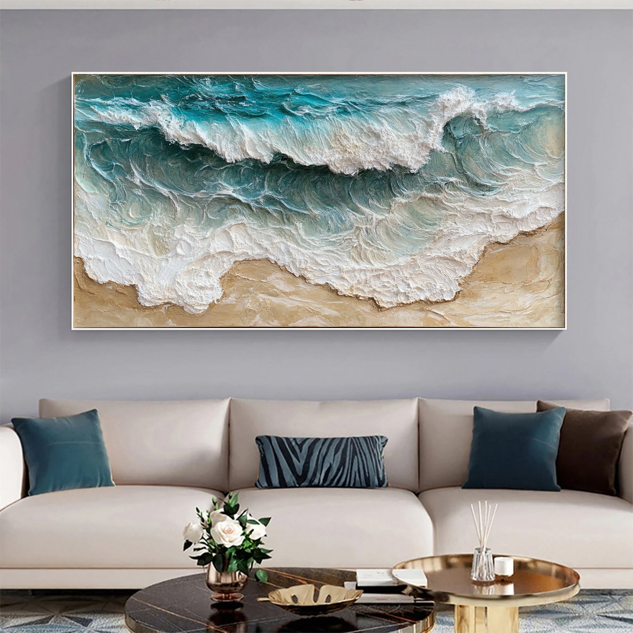 Beach Wave Wall Art Ocean-Inspired Textured Canvas for House #OP024