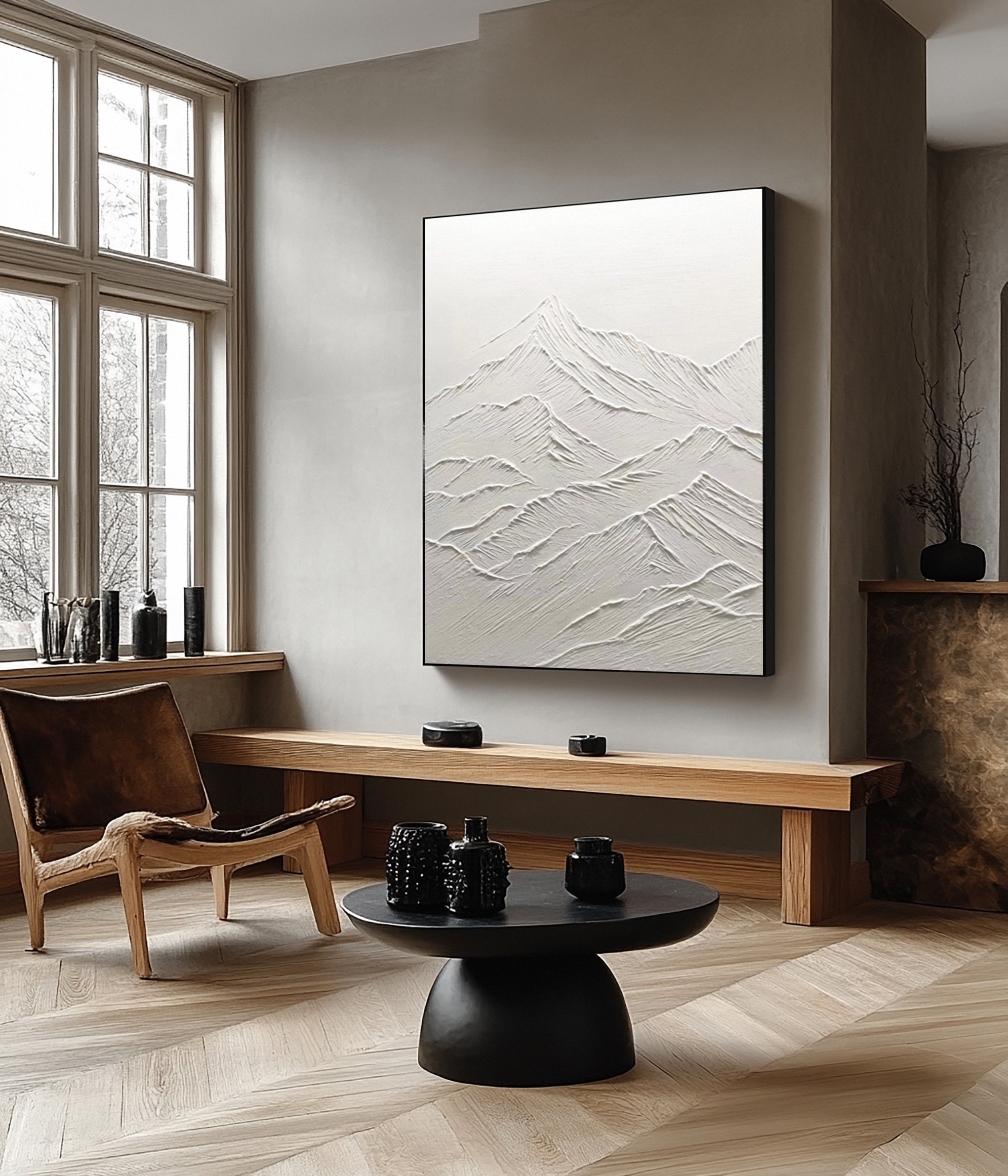 Ethereal White Peaks: Contemporary Canvas with Mountain Forms #MM625