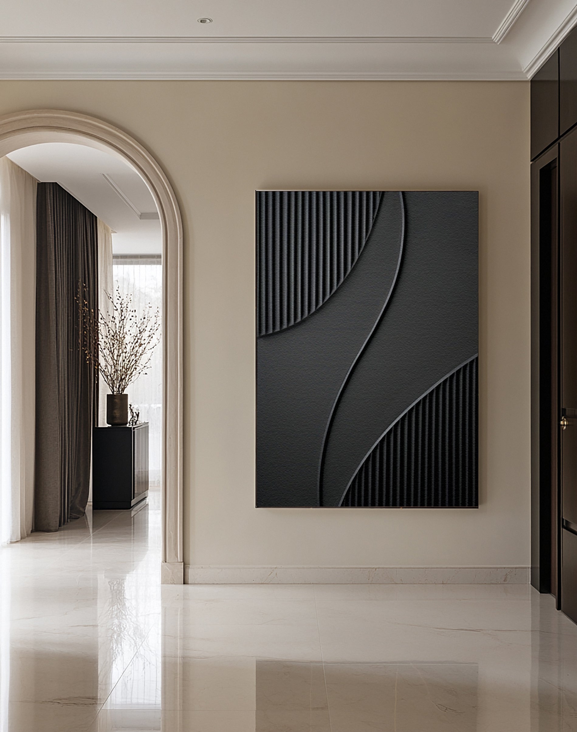 Deep Shadow Flow: Black Abstract Art with Textural Elements #MM610