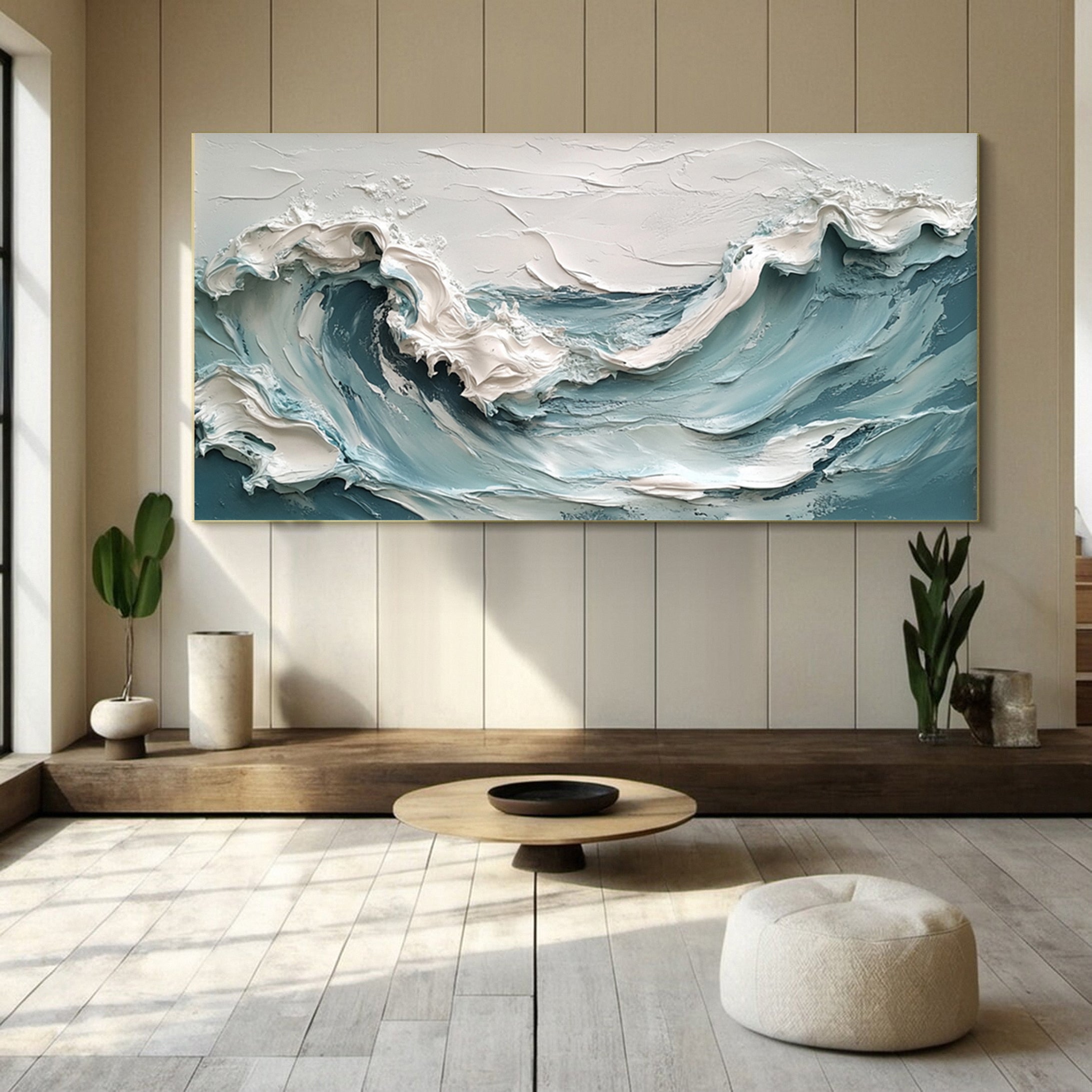 Textured Ocean Wave Painting Modern Coastal Canvas Art for House #OP017