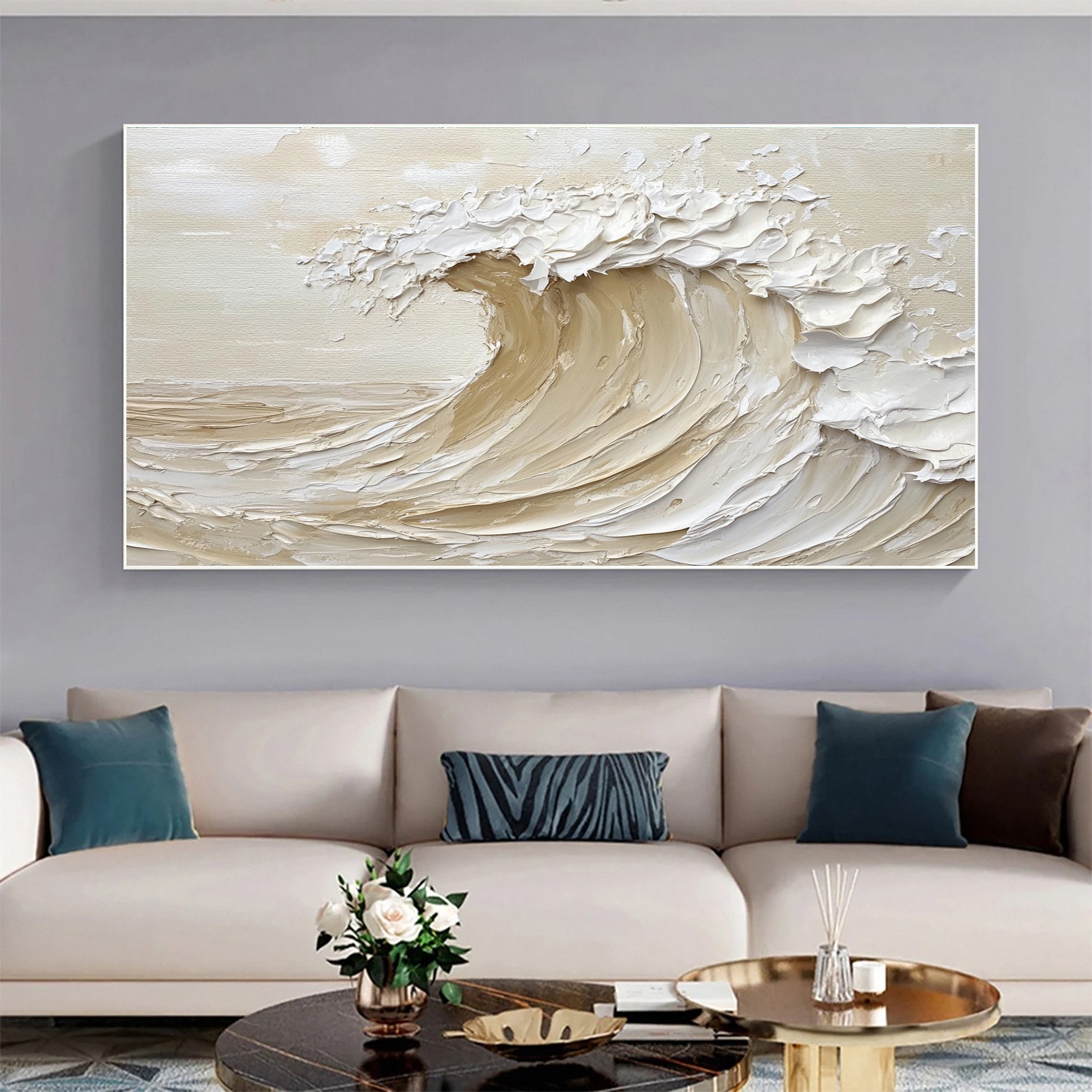 Luxury Coastal Wave Canvas Art Neutral Textured Painting #OP045