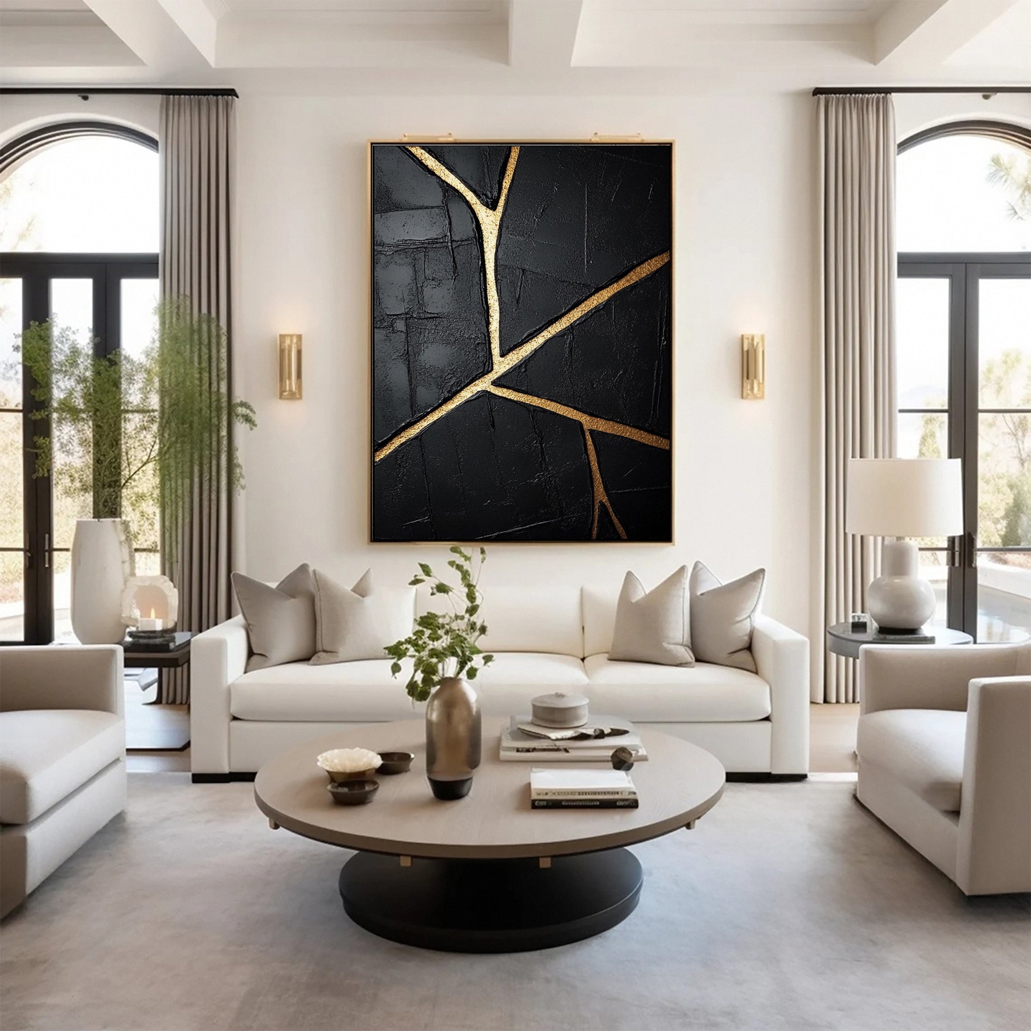 Gold Streaked Black Abstract Canvas for Elegant Interiors #MM109