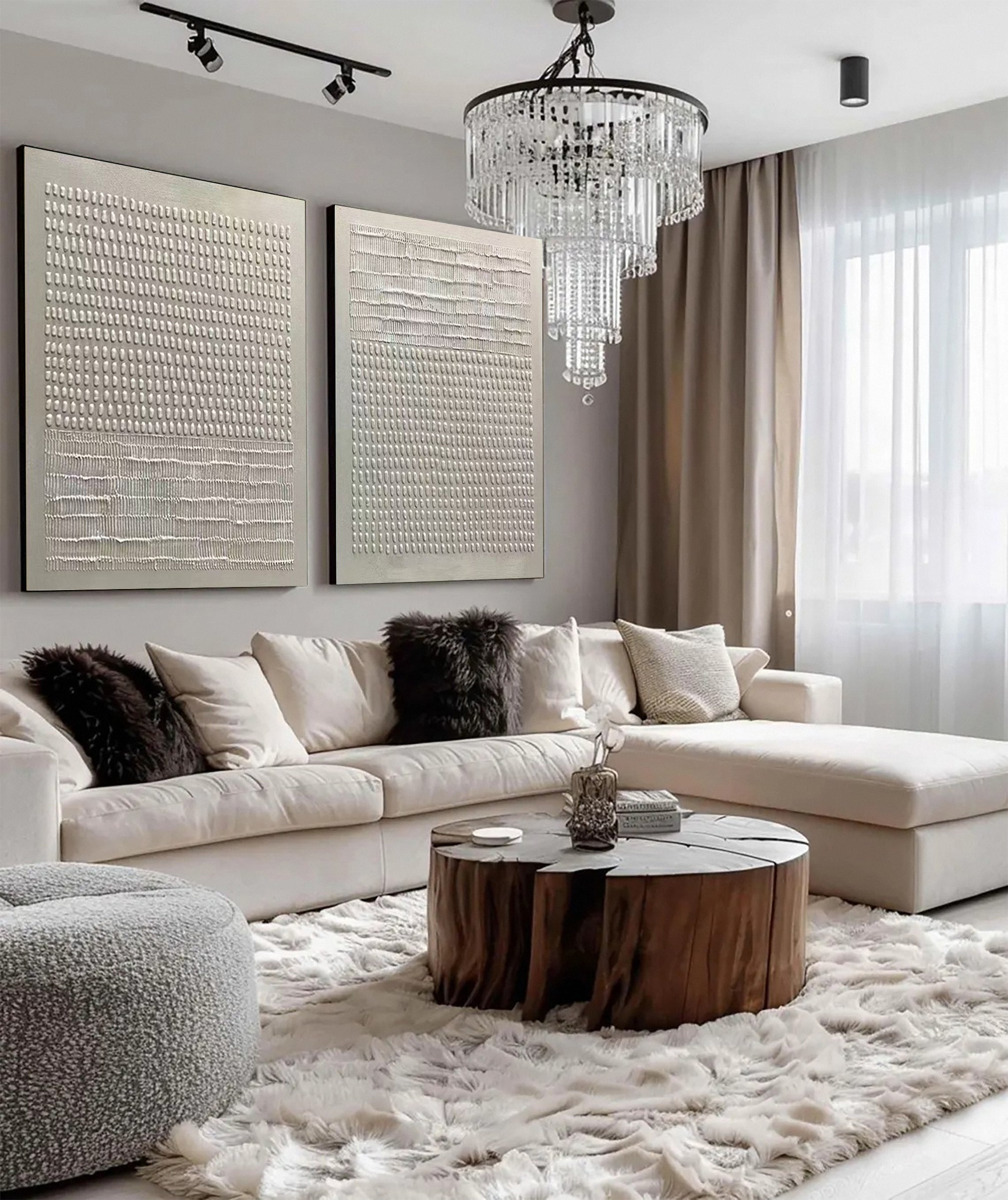 Organic Linear Impressions:Modern Diptych with Textured Bands #MM624
