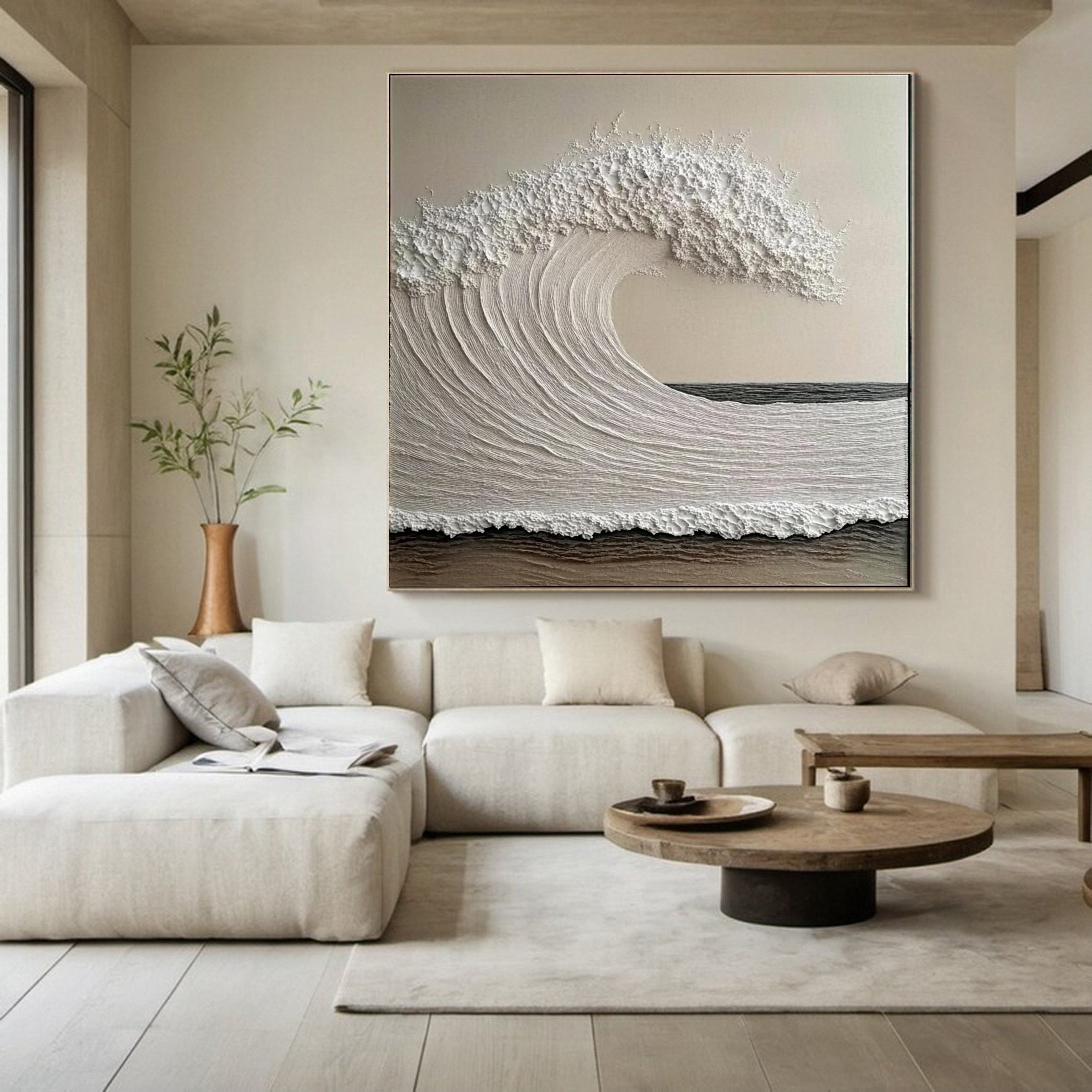 Neutral Wave Canvas Oversized Textured Coastal Wall Art #OP047