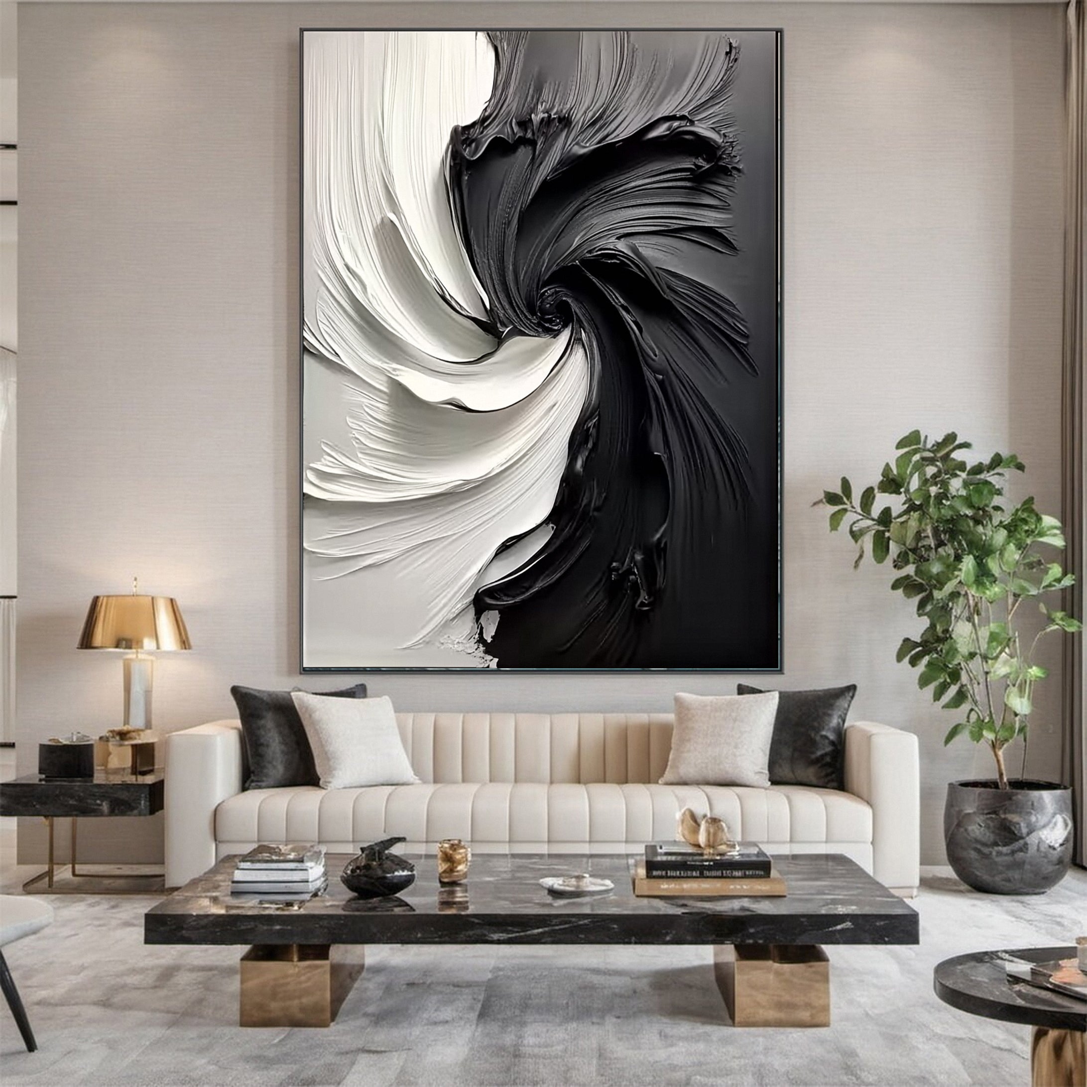 Large Black and White Abstract Swirl Canvas Wall Art #MM154