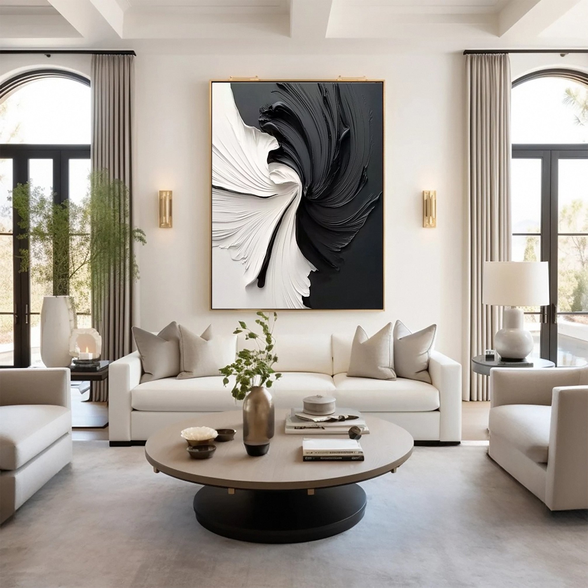 Oversized Black and White Textured Swirl Art Minimalist Decor #MM153