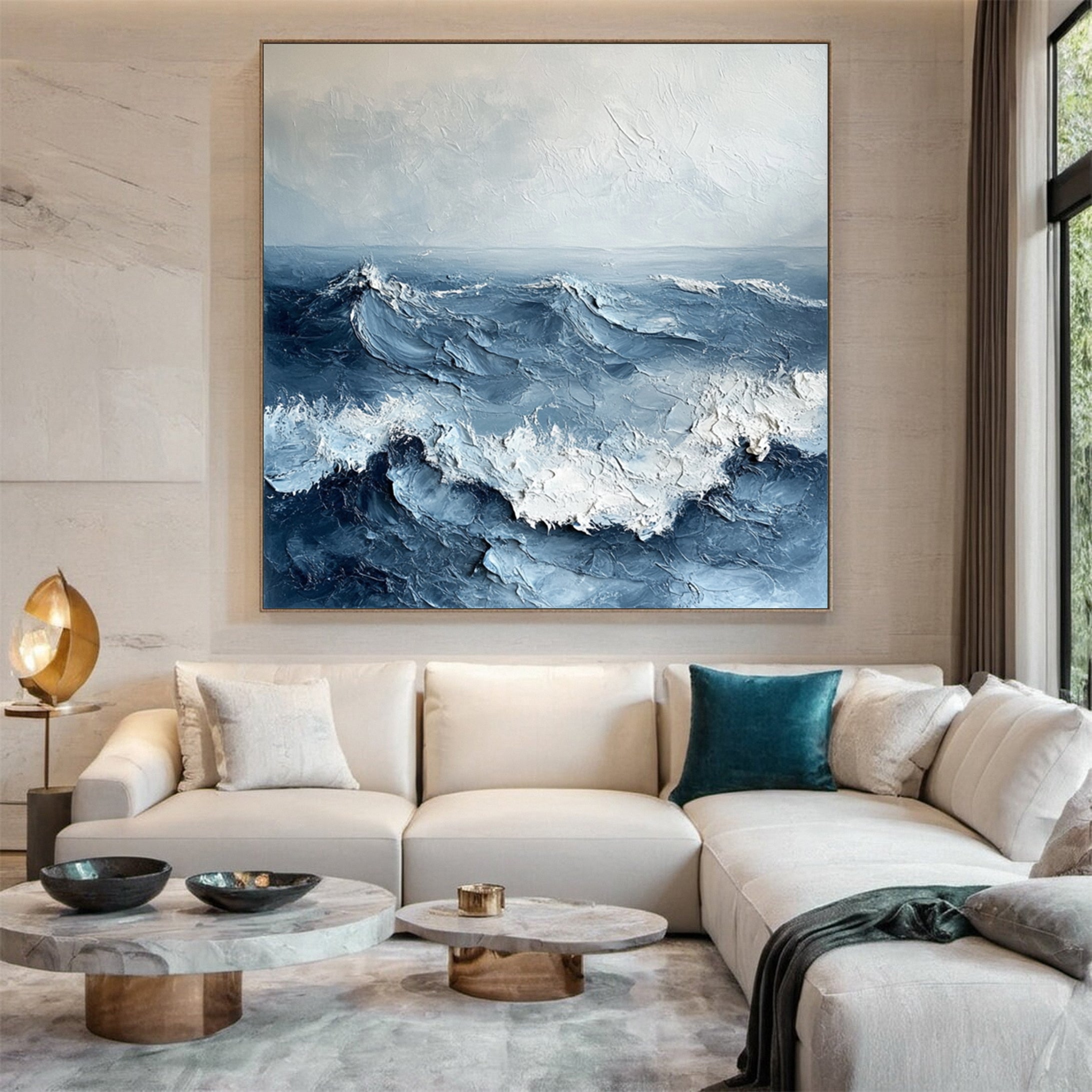 Abstract Ocean Canvas Art Blue Textured Wave Painting #OP034