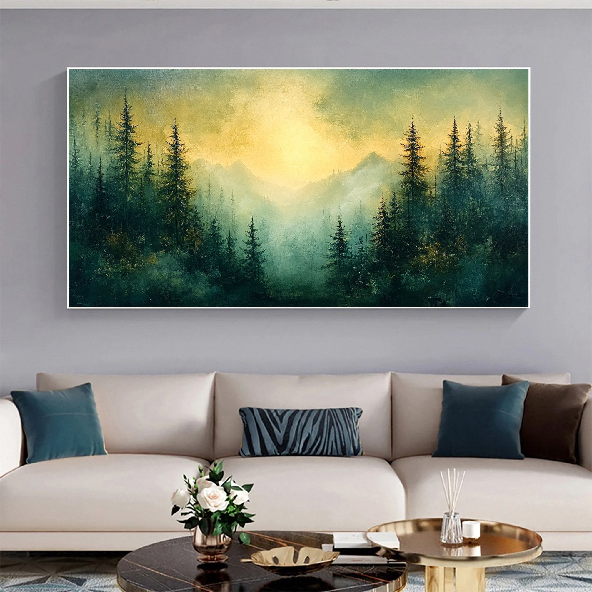 Serene Forest Landscape Wall Art Sunrise Canvas Painting #TP035