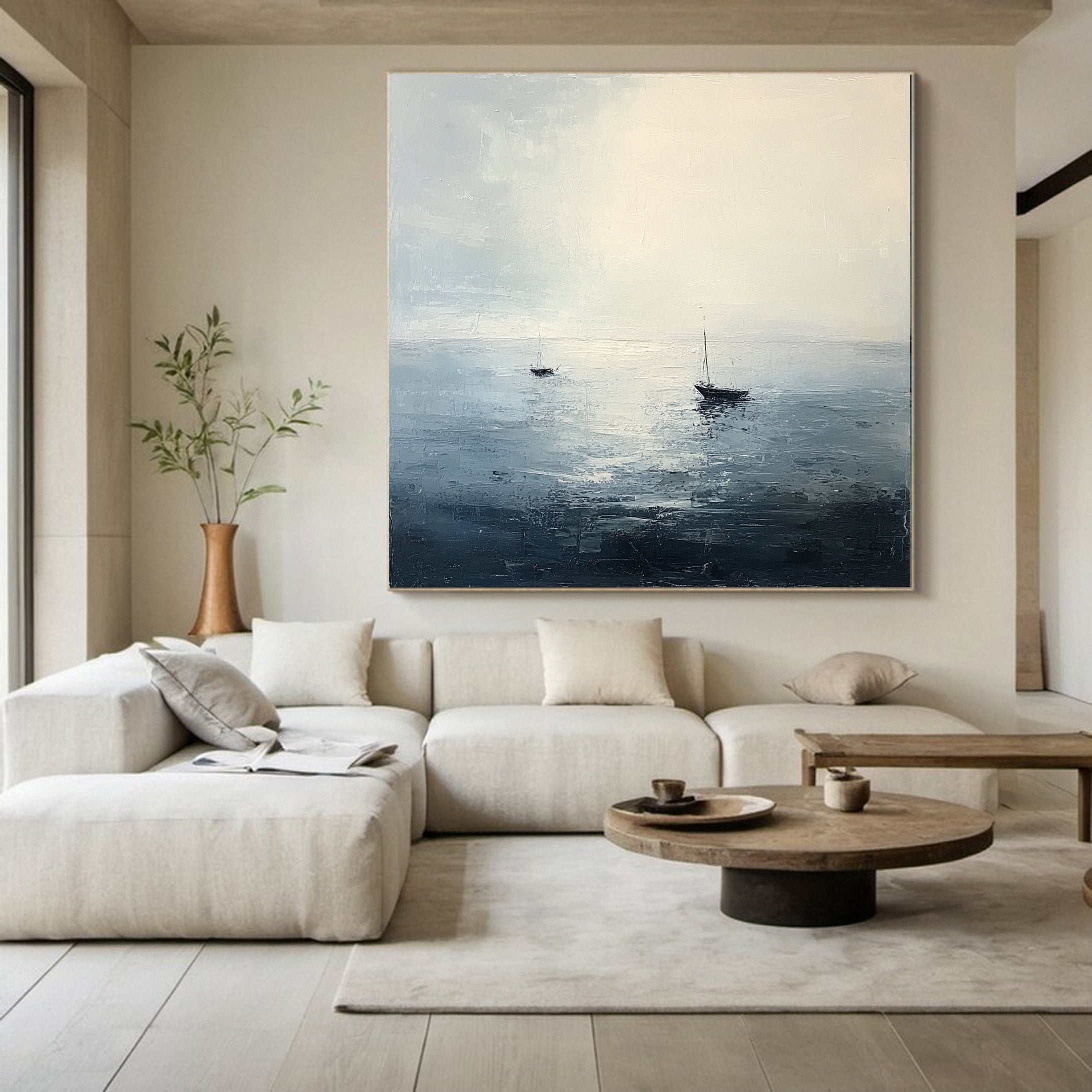 Tranquil Ocean Painting with Sailboats for Modern Homes #AB031