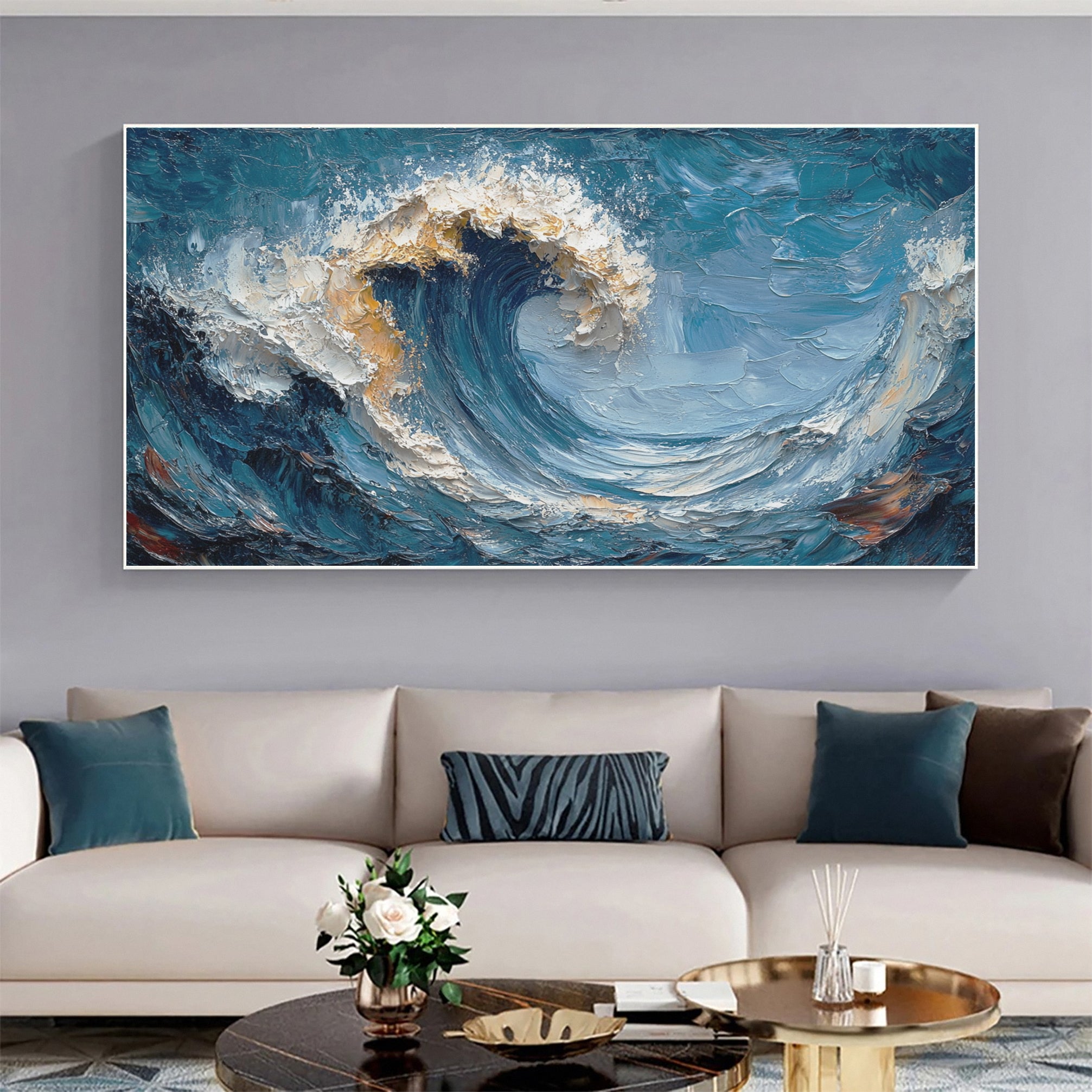 Large Abstract Ocean Wave Canvas Dynamic Coastal Wall Art #OP028