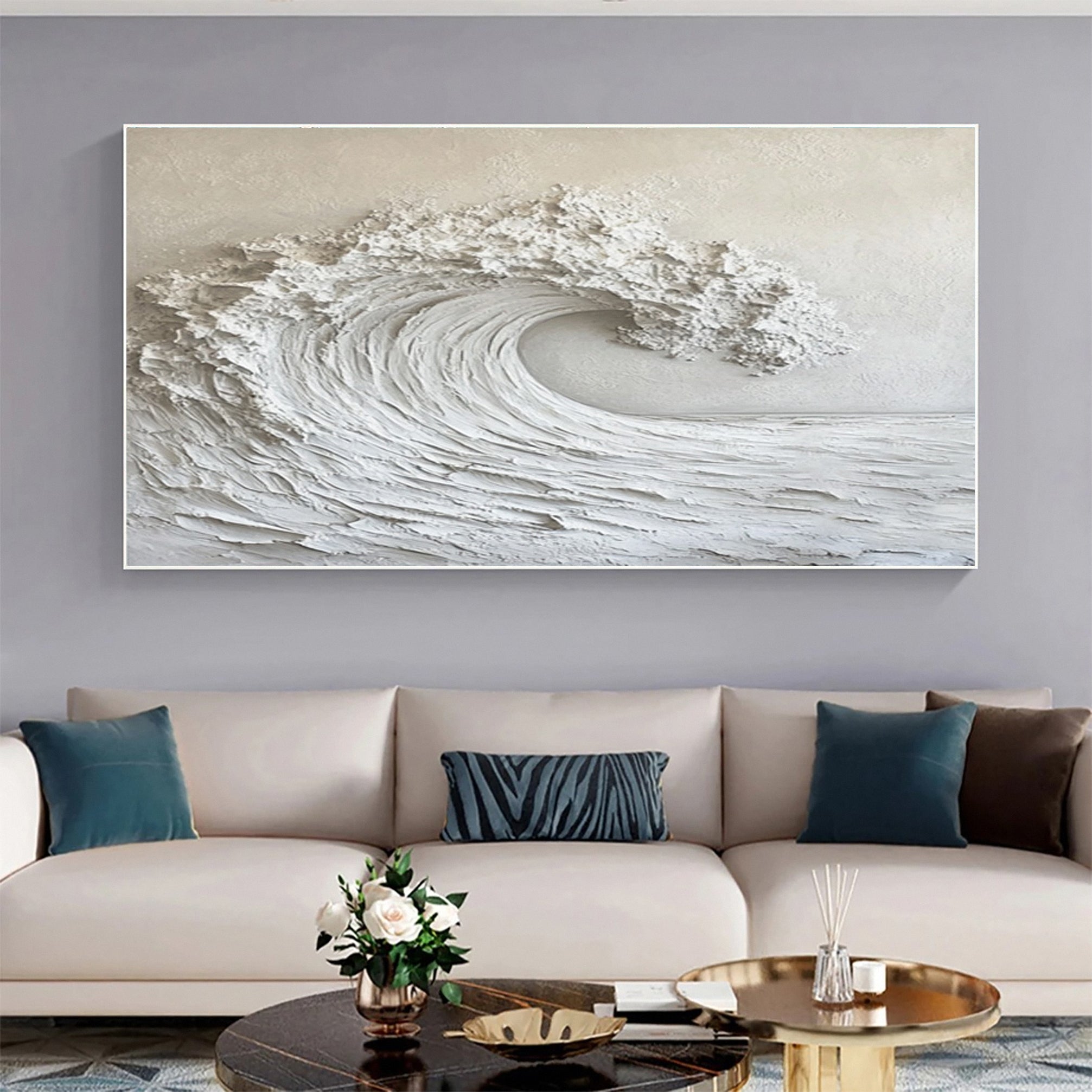 Modern Neutral Wave Art Large Coastal Canvas Decor #OP026