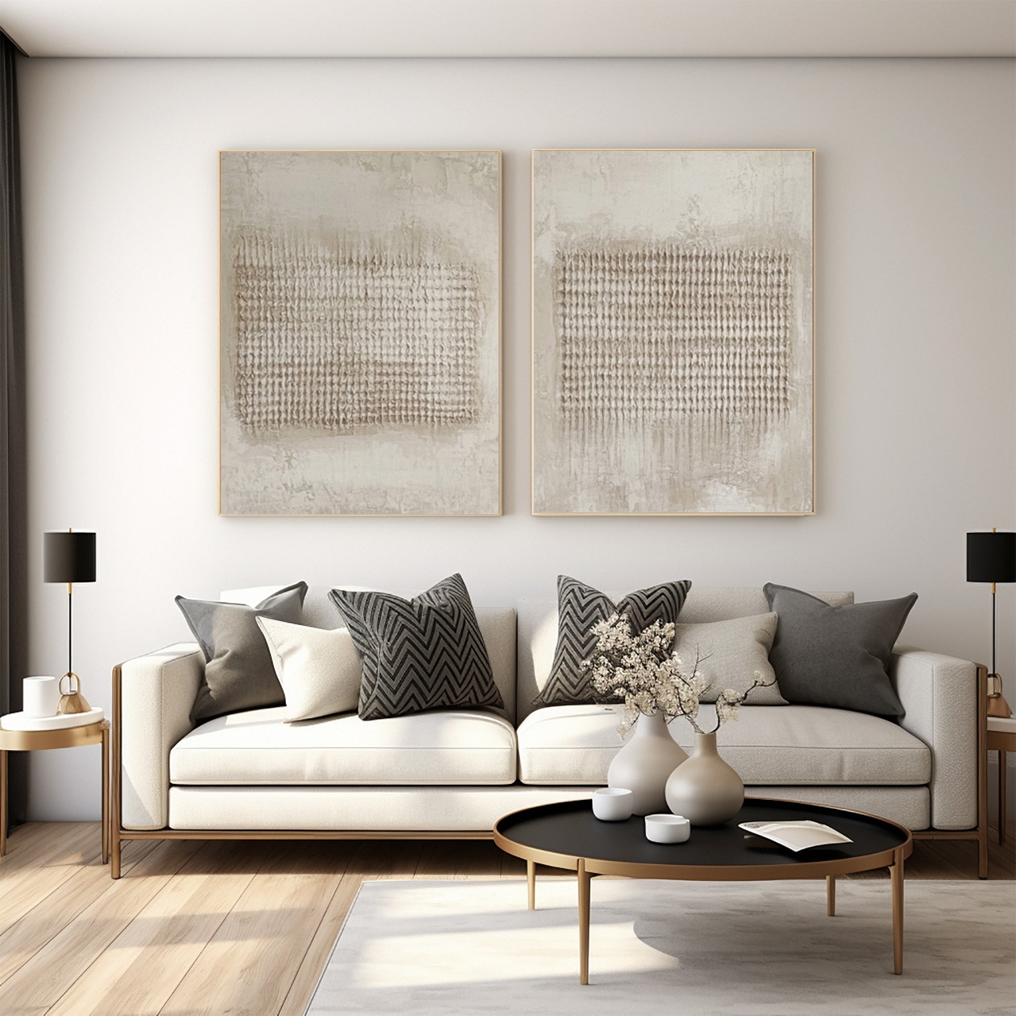 Neutral Grid Texture Diptych: Minimalist Abstract with Markings #MM605