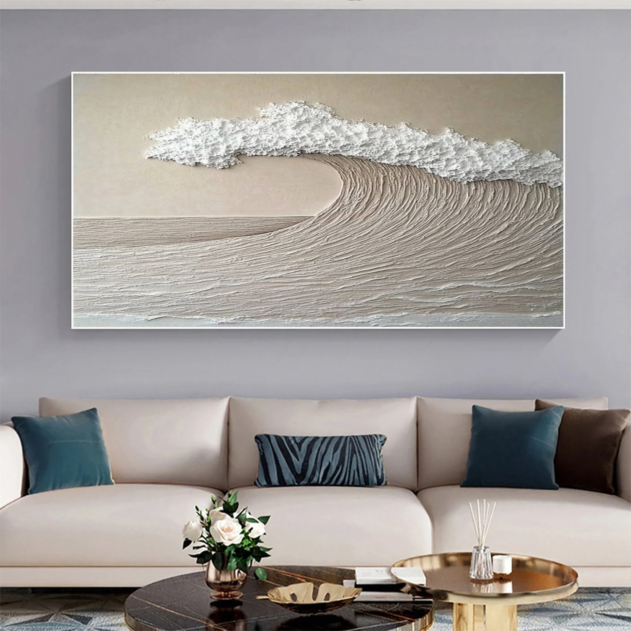 Minimalist Wave Wall Art Textured Neutral Coastal Canvas #OP044